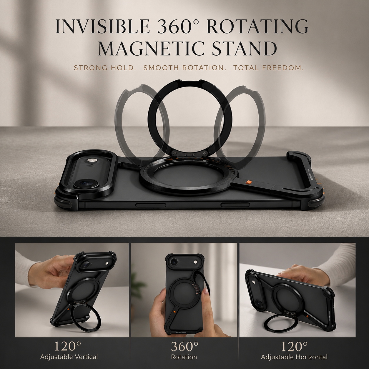 Premium iPhone Case MagSafe Compatible Aviation Aluminum Bumper with Rotatable Stand, Air Cushion Protection, Secure Grip and Shockproof Designs