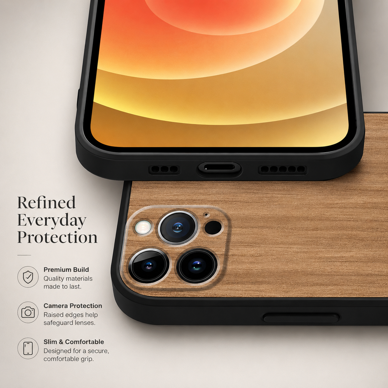 Premium iPhone Case MagSafe Compatible Bamboo Wood Grain Protective Cover Camera Lens Protection Shockproof Metallic Frame Slim Natural Design