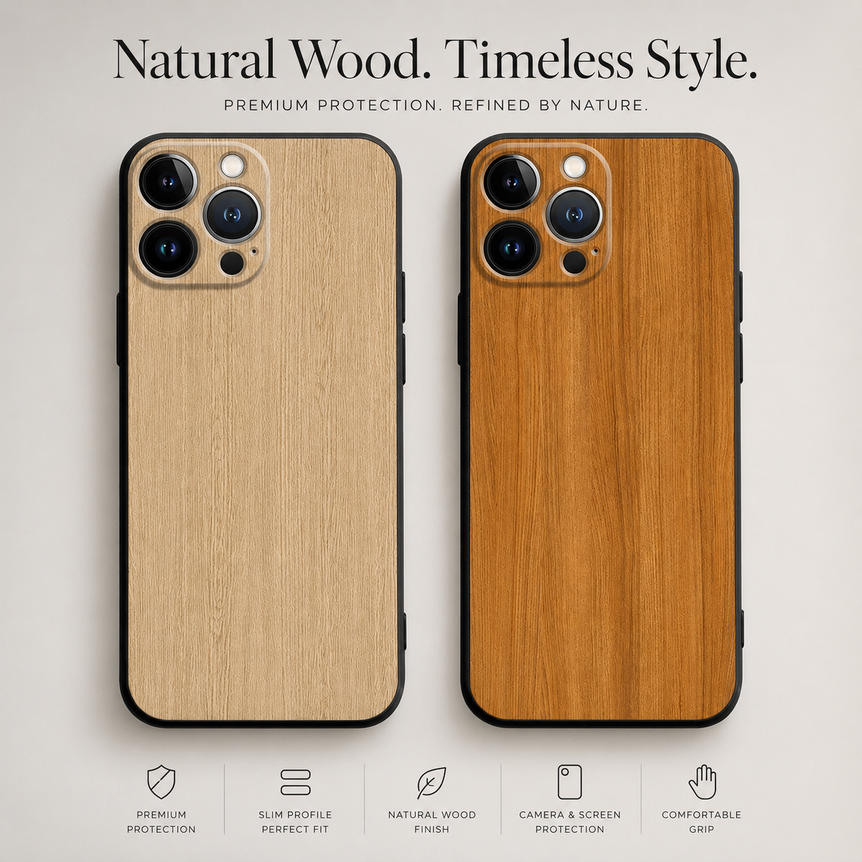 Premium iPhone Case MagSafe Compatible Bamboo Wood Grain Protective Cover Camera Lens Protection Shockproof Metallic Frame Slim Natural Design