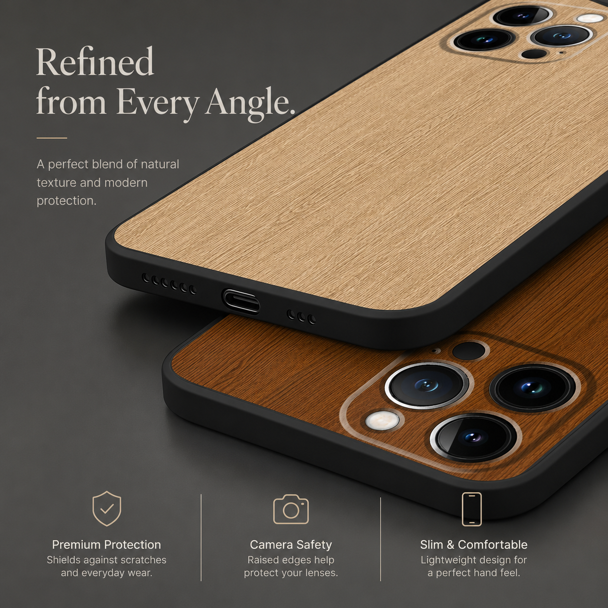 Premium iPhone Case MagSafe Compatible Bamboo Wood Grain Protective Cover Camera Lens Protection Shockproof Metallic Frame Slim Natural Design