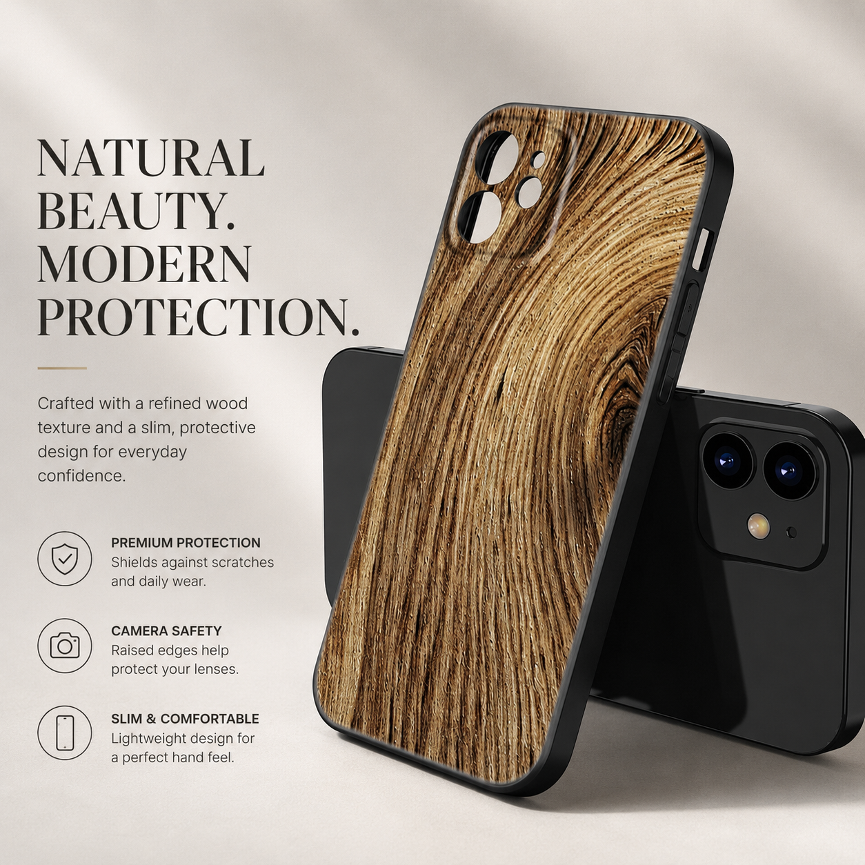 Premium iPhone Case MagSafe Compatible Bamboo Wood Grain Protective Cover Camera Lens Protection Shockproof Metallic Frame Slim Natural Design