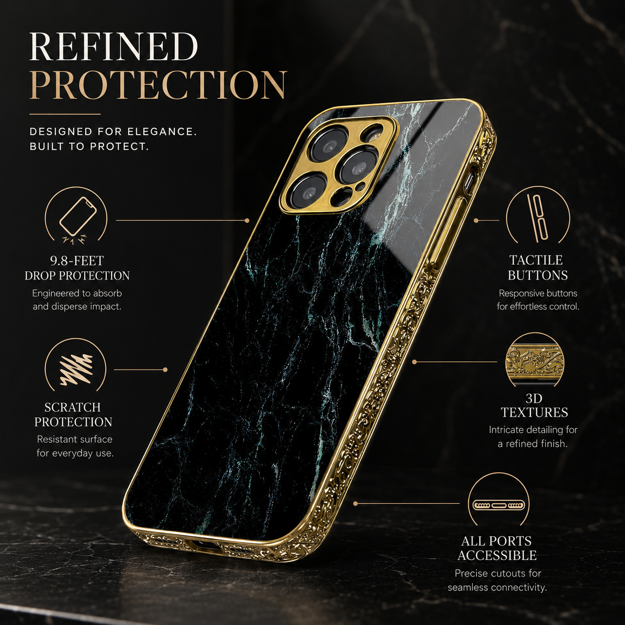 Premium iPhone Case MagSafe Compatible Black Marble Texture Protective Cover Camera Lens Protection Shockproof Gold Edge 3D Grip Slim Design
