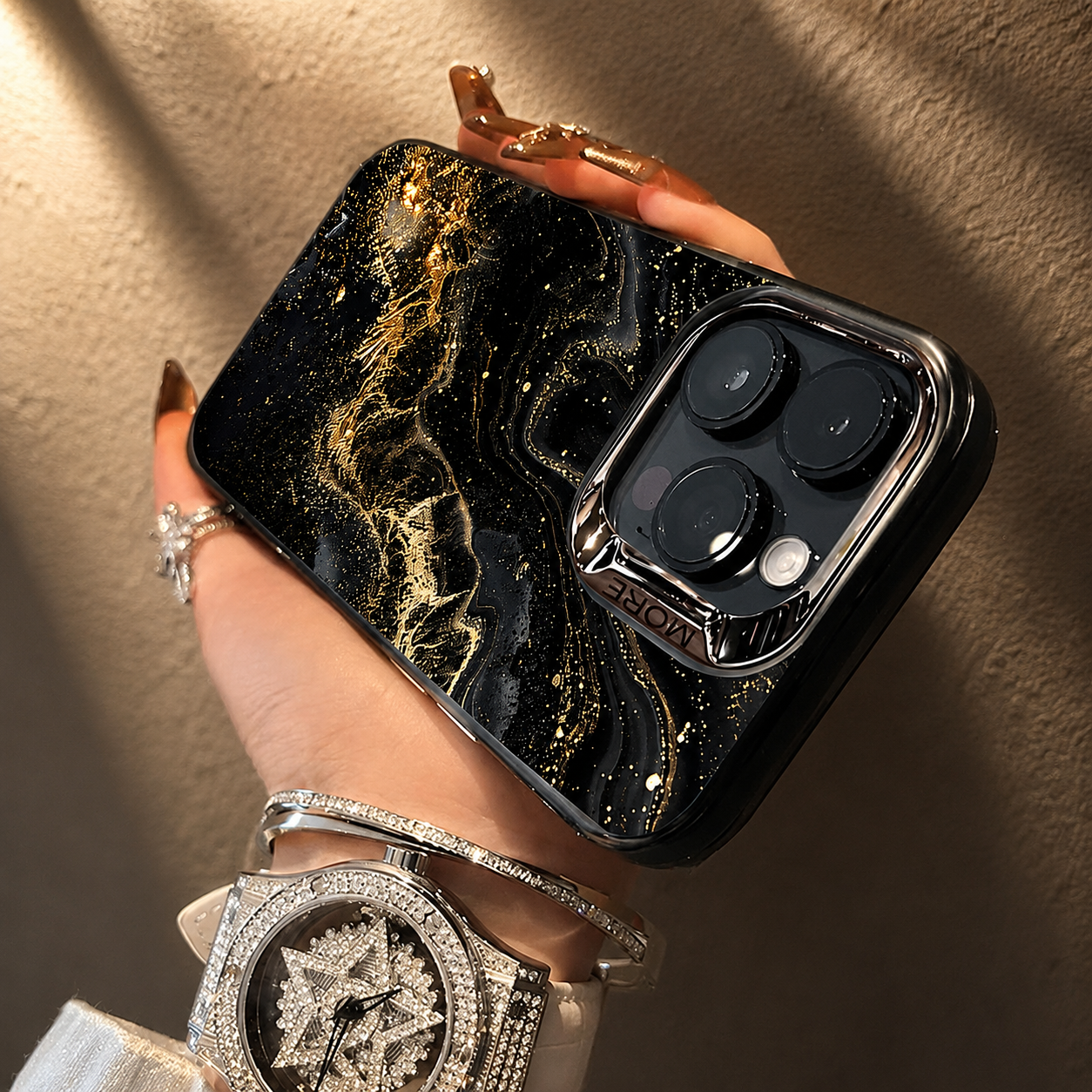 Premium iPhone Case MagSafe Compatible Black Marble Texture Protective Cover Camera Lens Protection Shockproof Gold Edge 3D Grip Slim Design