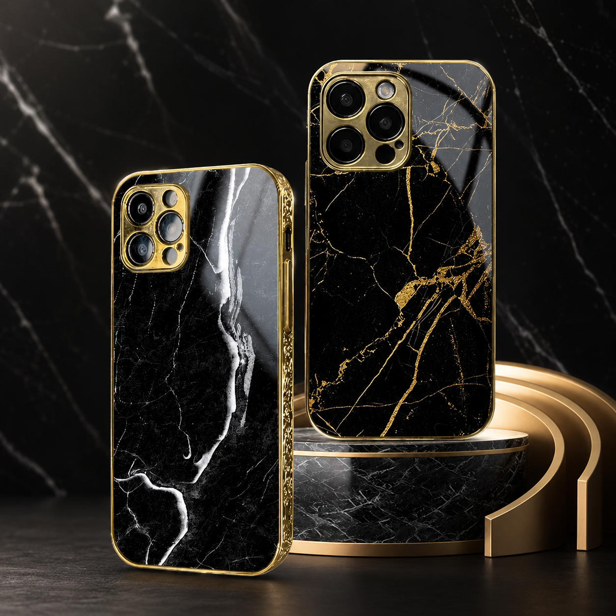 Premium iPhone Case MagSafe Compatible Black Marble Texture Protective Cover Camera Lens Protection Shockproof Gold Edge 3D Grip Slim Design