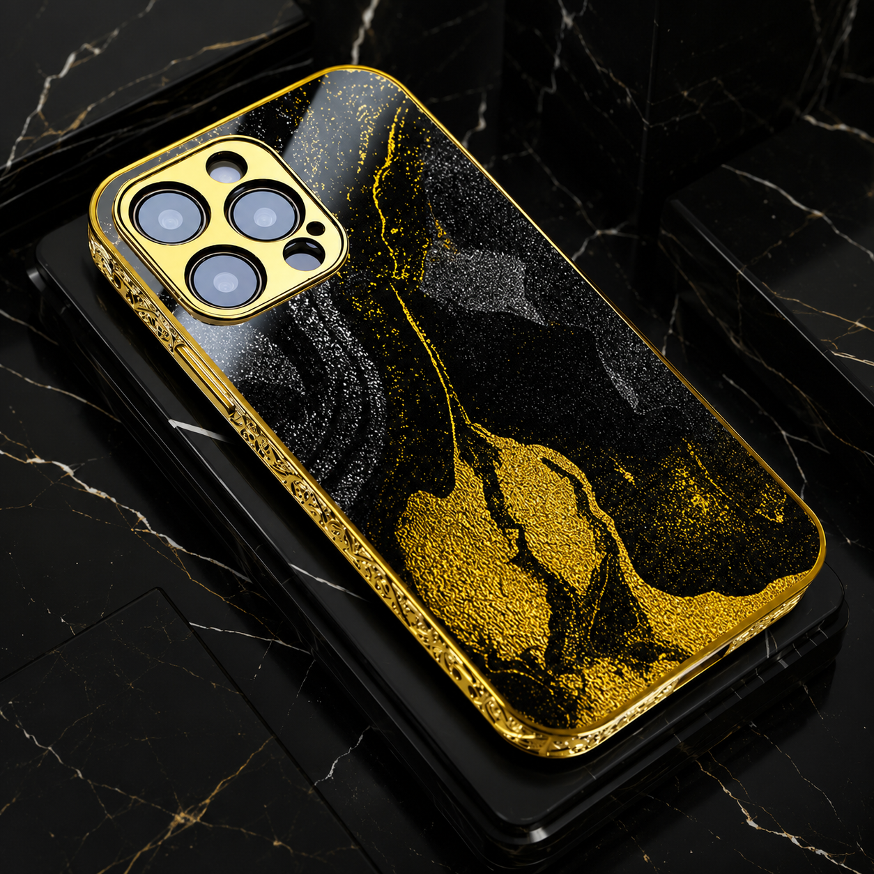 Premium iPhone Case MagSafe Compatible Black Marble Texture Protective Cover Camera Lens Protection Shockproof Gold Edge 3D Grip Slim Design