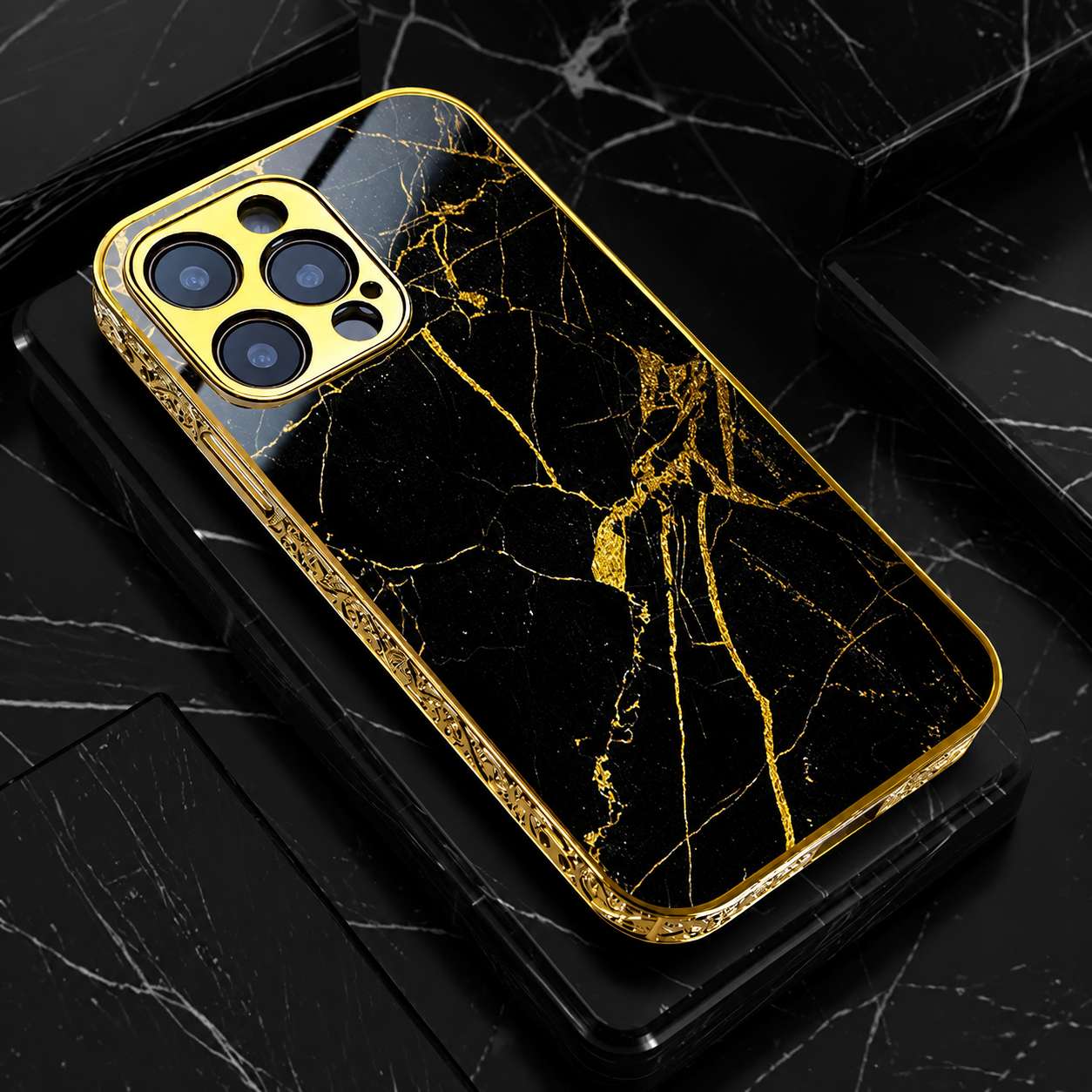 Premium iPhone Case MagSafe Compatible Black Marble Texture Protective Cover Camera Lens Protection Shockproof Gold Edge 3D Grip Slim Design