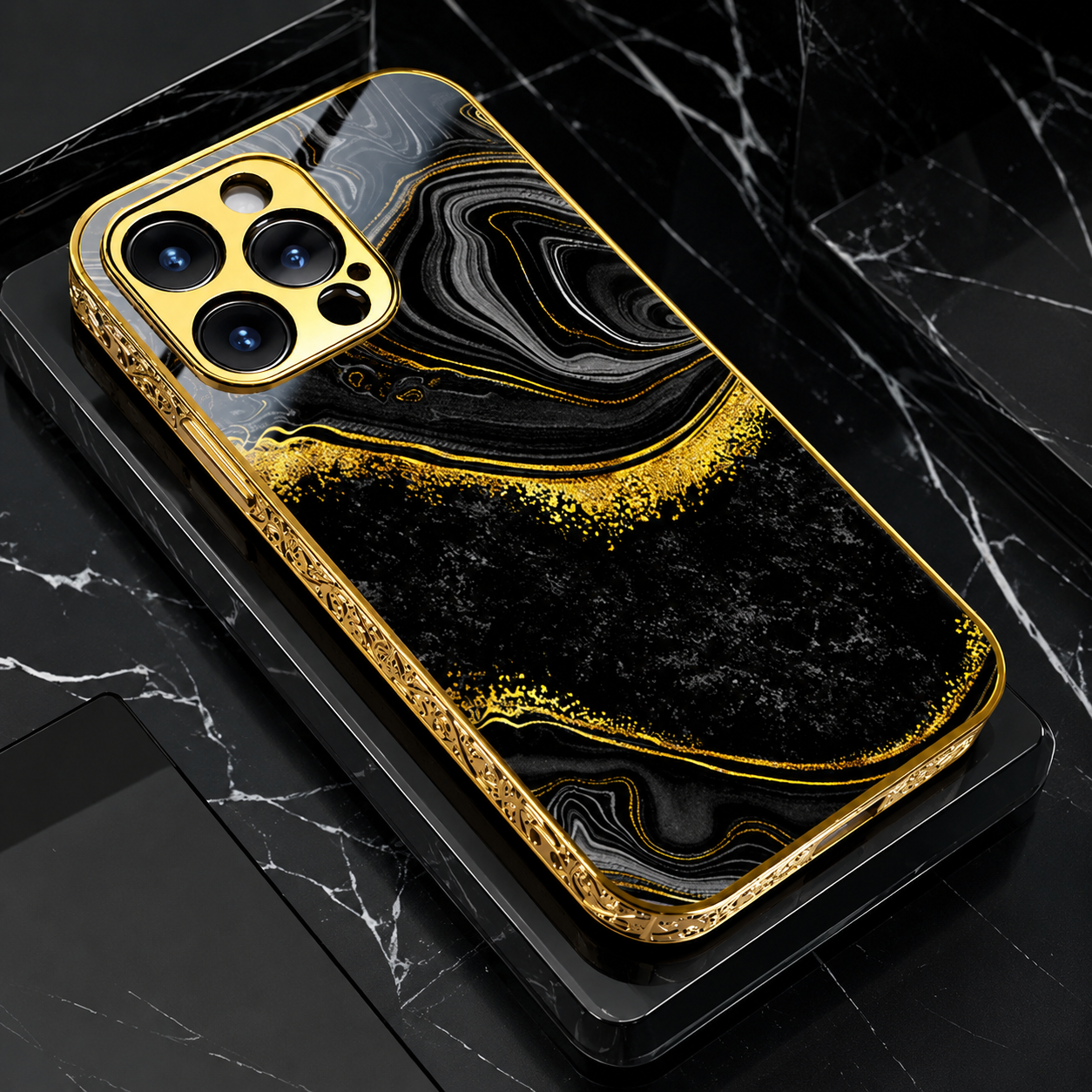 Premium iPhone Case MagSafe Compatible Black Marble Texture Protective Cover Camera Lens Protection Shockproof Gold Edge 3D Grip Slim Design
