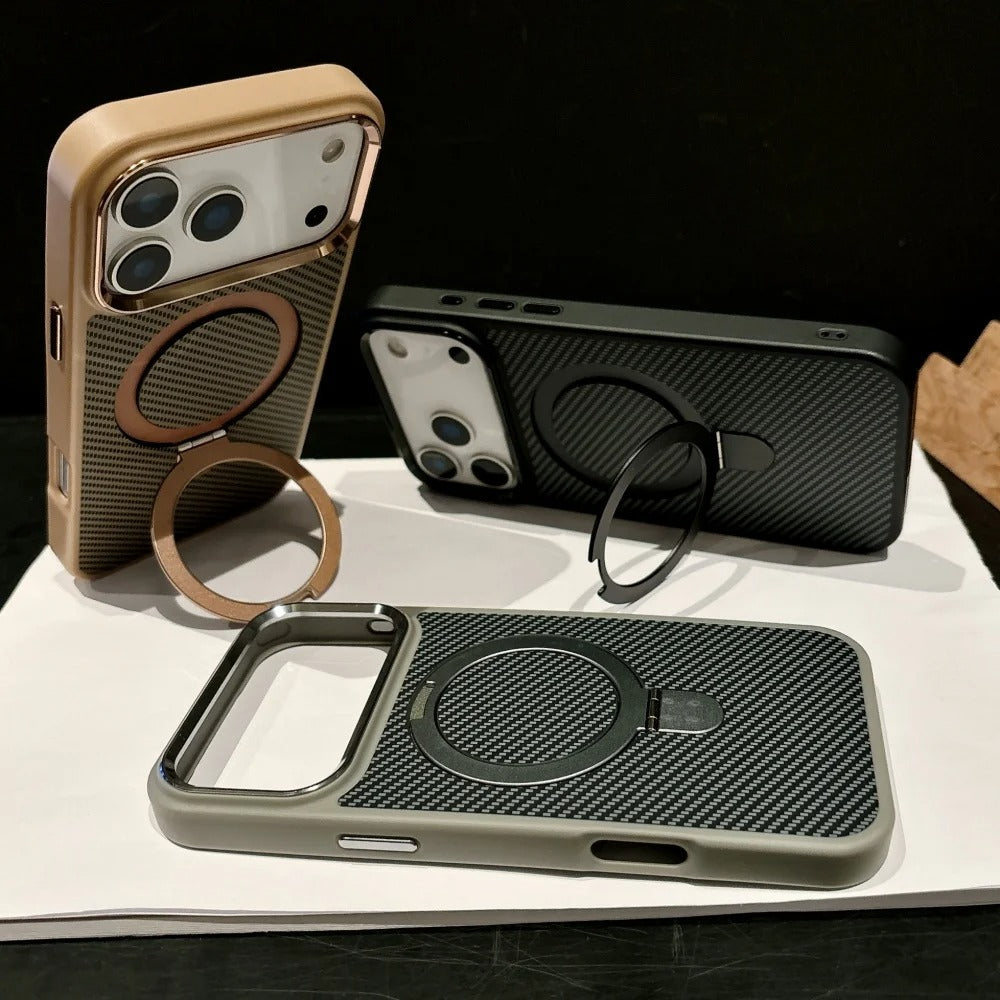 Premium iPhone Case MagSafe Compatible Camera Lens Protection Carbon Fiber Texture Magnetic Stand Holder Shockproof PC Cover Anti Fingerprint Design