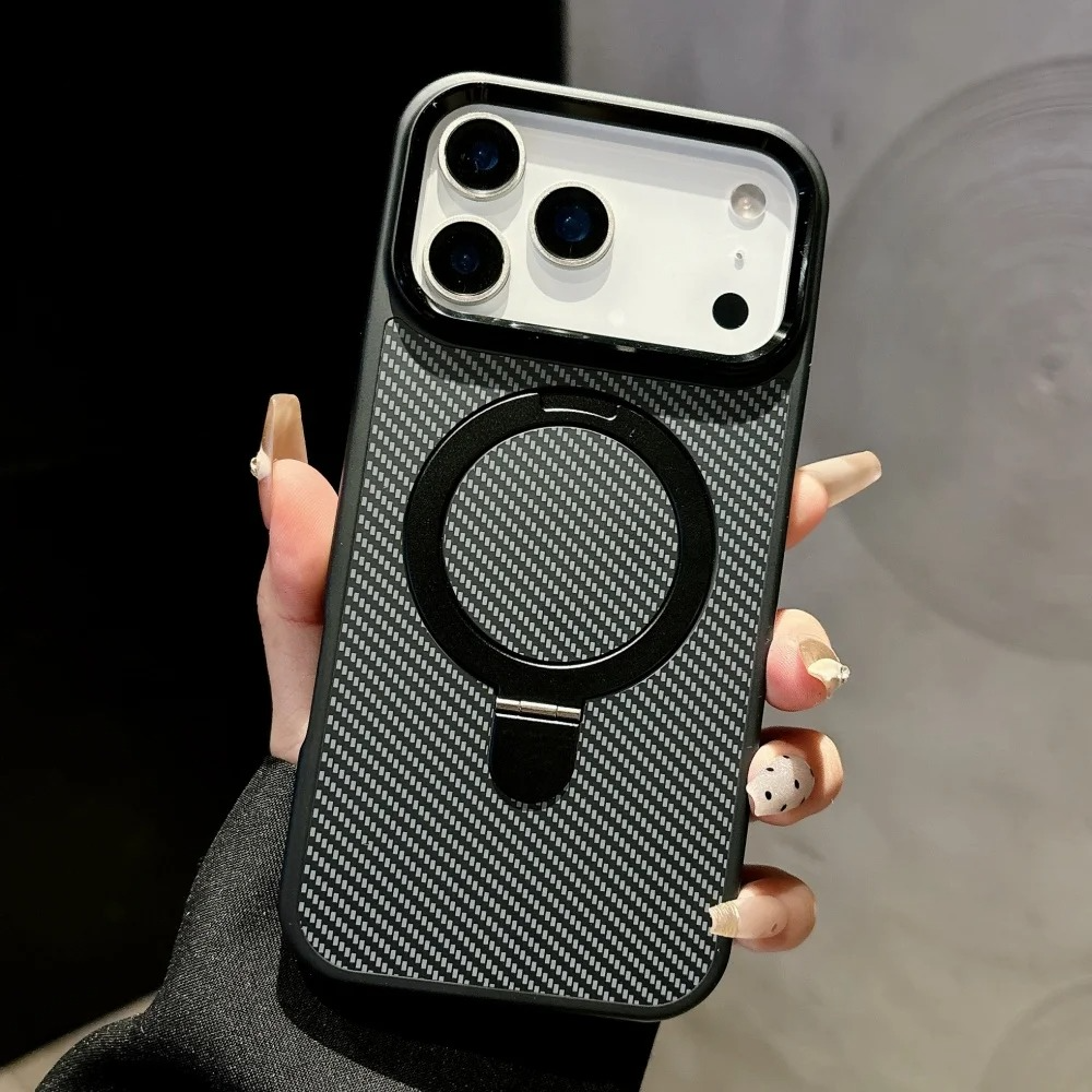 Premium iPhone Case MagSafe Compatible Camera Lens Protection Carbon Fiber Texture Magnetic Stand Holder Shockproof PC Cover Anti Fingerprint Design
