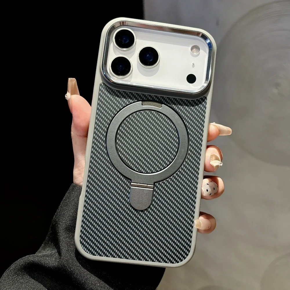 Premium iPhone Case MagSafe Compatible Camera Lens Protection Carbon Fiber Texture Magnetic Stand Holder Shockproof PC Cover Anti Fingerprint Design