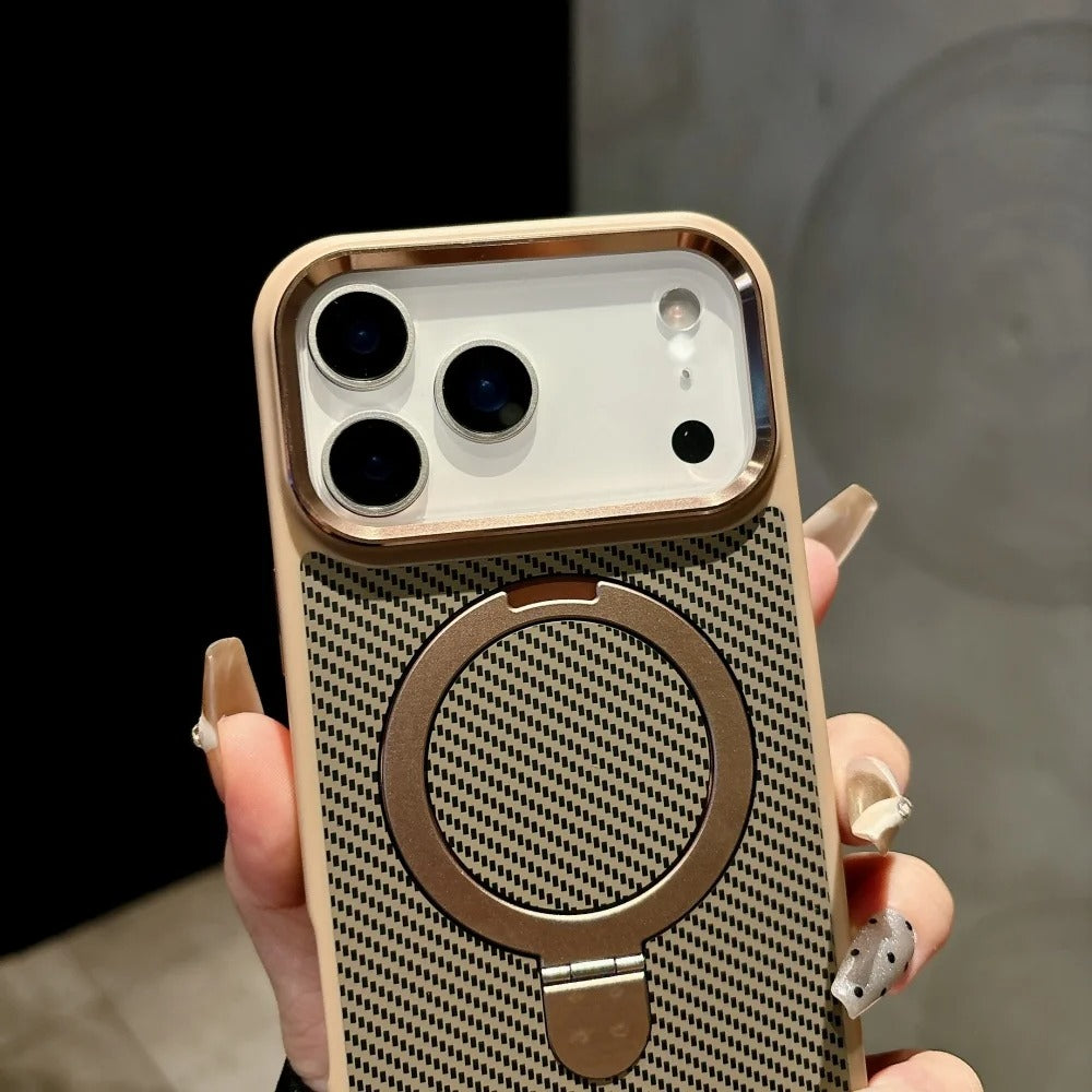 Premium iPhone Case MagSafe Compatible Camera Lens Protection Carbon Fiber Texture Magnetic Stand Holder Shockproof PC Cover Anti Fingerprint Design