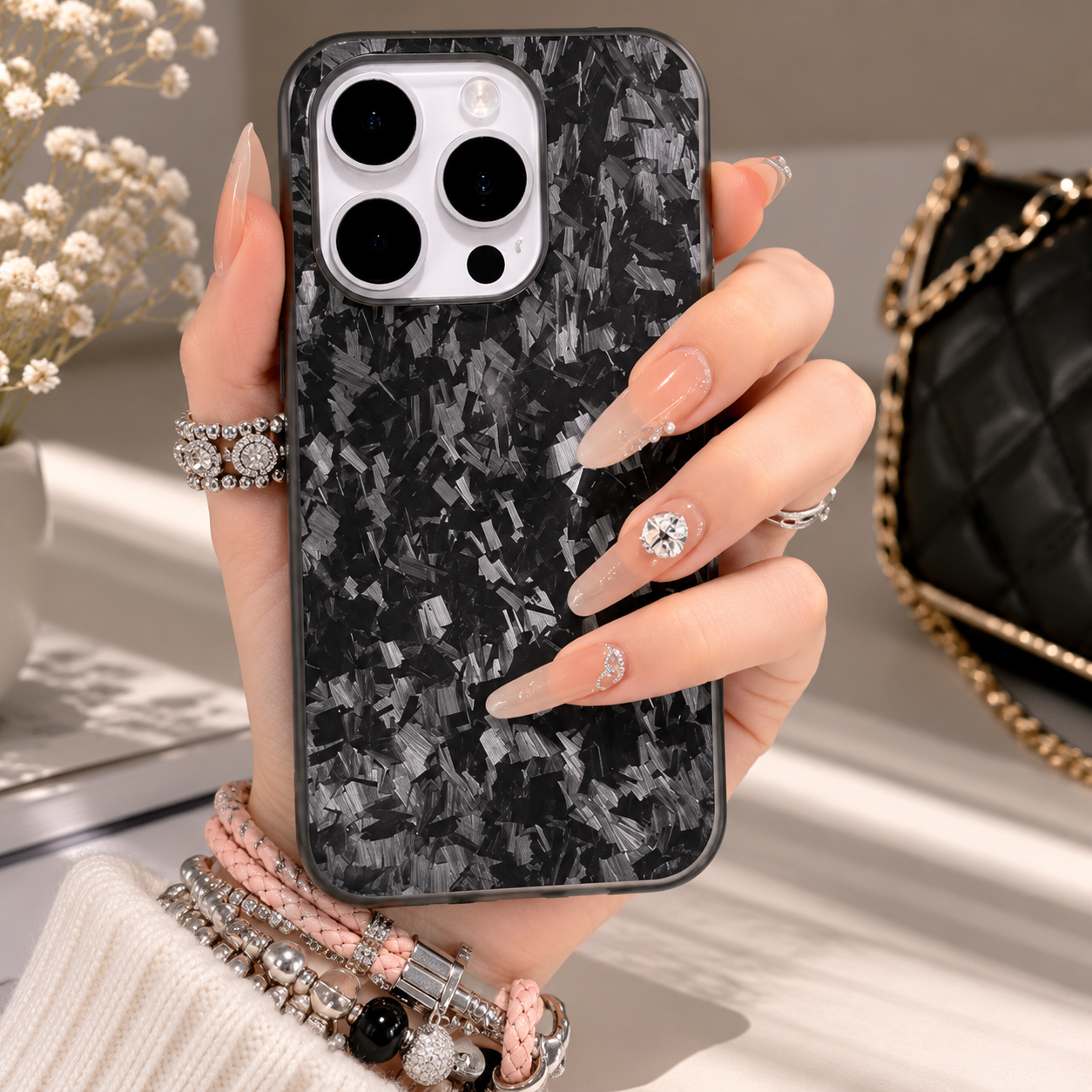 Premium iPhone Case MagSafe Compatible Camera Lens Protection Real Forged Carbon Fiber Cover Shockproof Dual Layer Full Coverage Metal Button Design