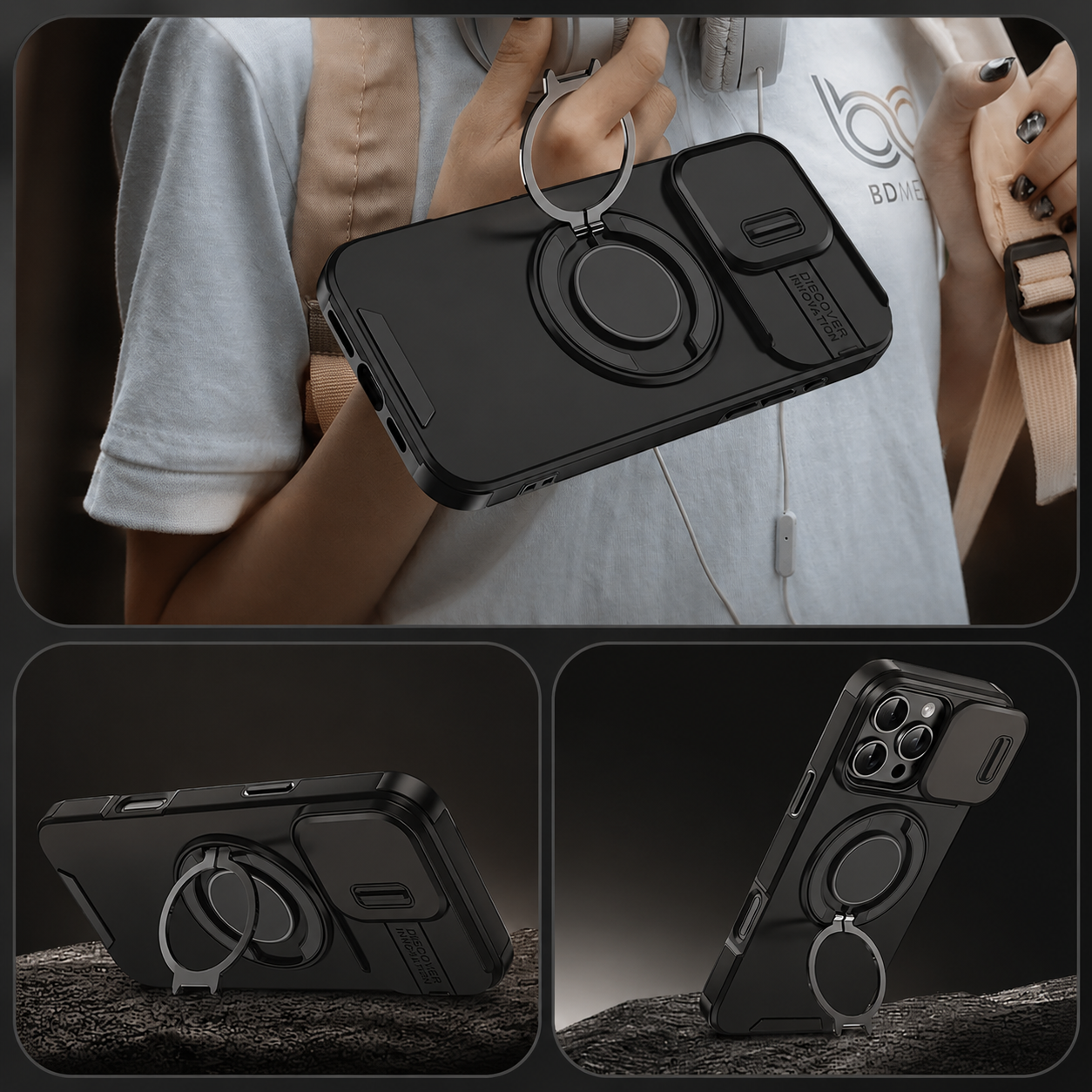 Premium iPhone Case MagSafe Compatible Camera Lens Protection Shockproof Cover Rugged Armor Magnetic Ring Stand Slide Lens Protection Anti Fingerprint Design