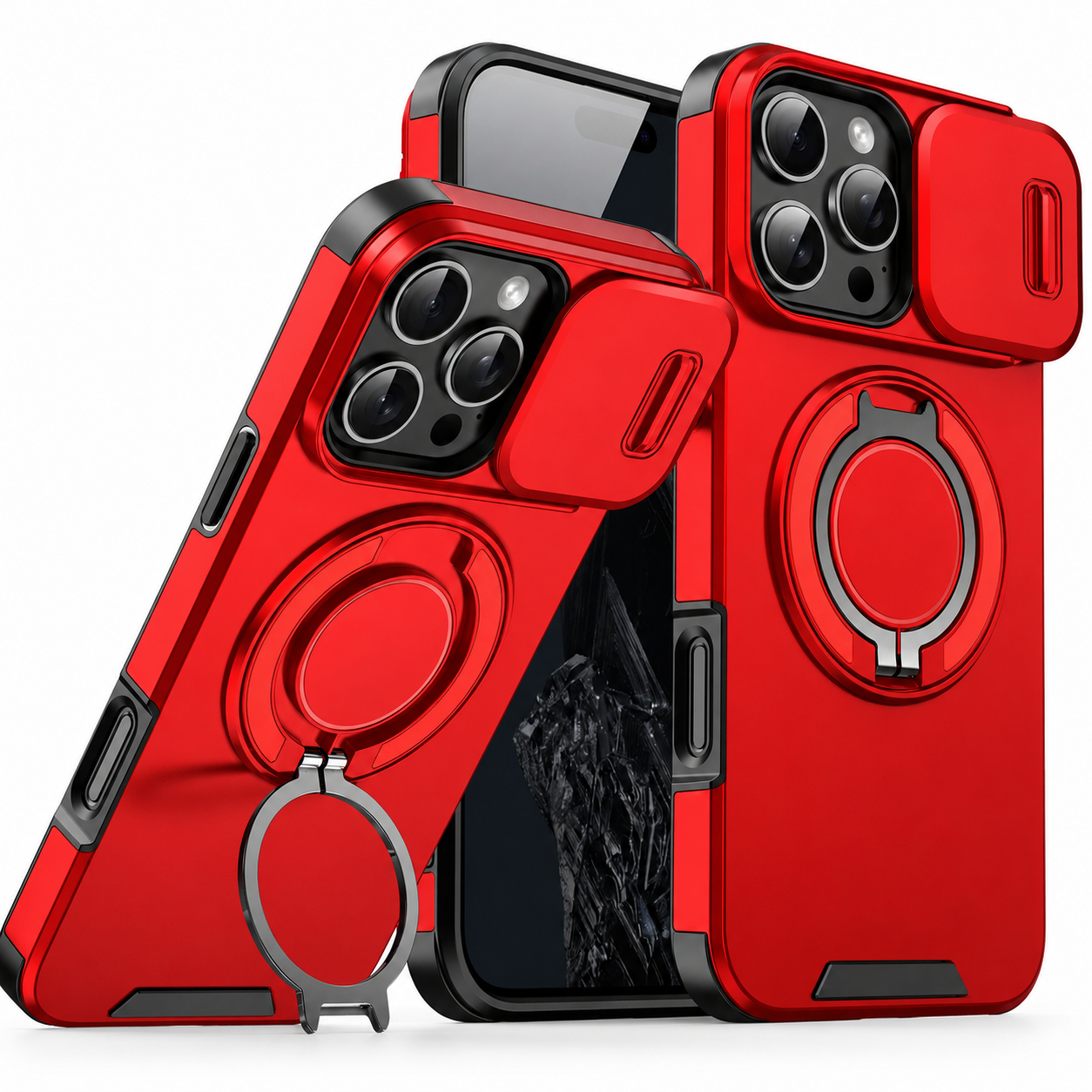 Premium iPhone Case MagSafe Compatible Camera Lens Protection Shockproof Cover Rugged Armor Magnetic Ring Stand Slide Lens Protection Anti Fingerprint Design
