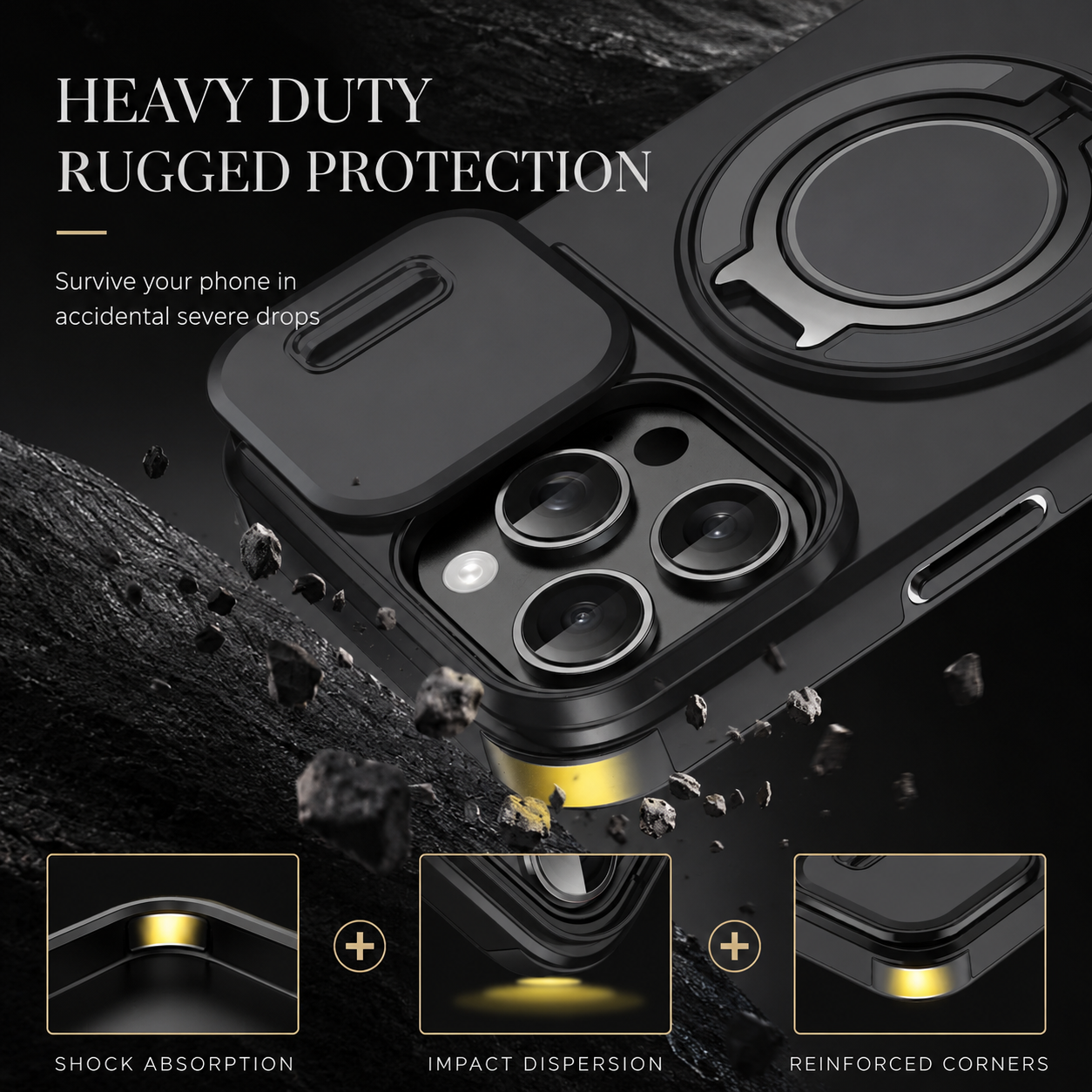 Premium iPhone Case MagSafe Compatible Camera Lens Protection Shockproof Cover Rugged Armor Magnetic Ring Stand Slide Lens Protection Anti Fingerprint Design