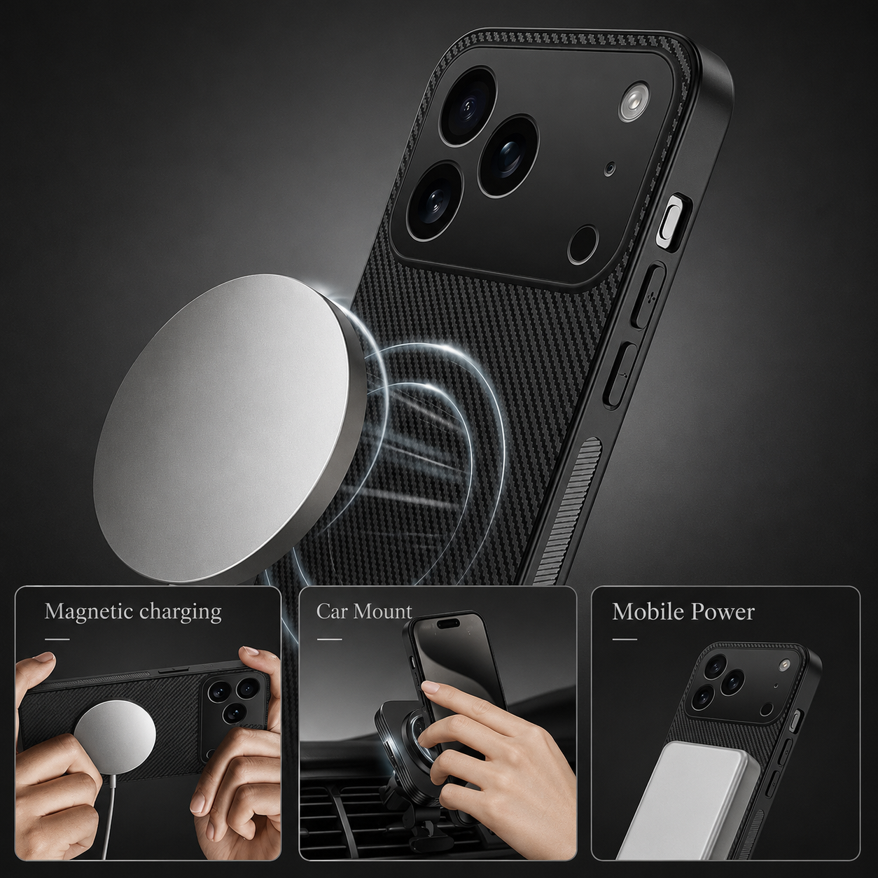 Premium iPhone Case MagSafe Compatible Camera Lens Protection Shockproof Protective Cover Carbon Fiber Magnetic Ultra Thin Design