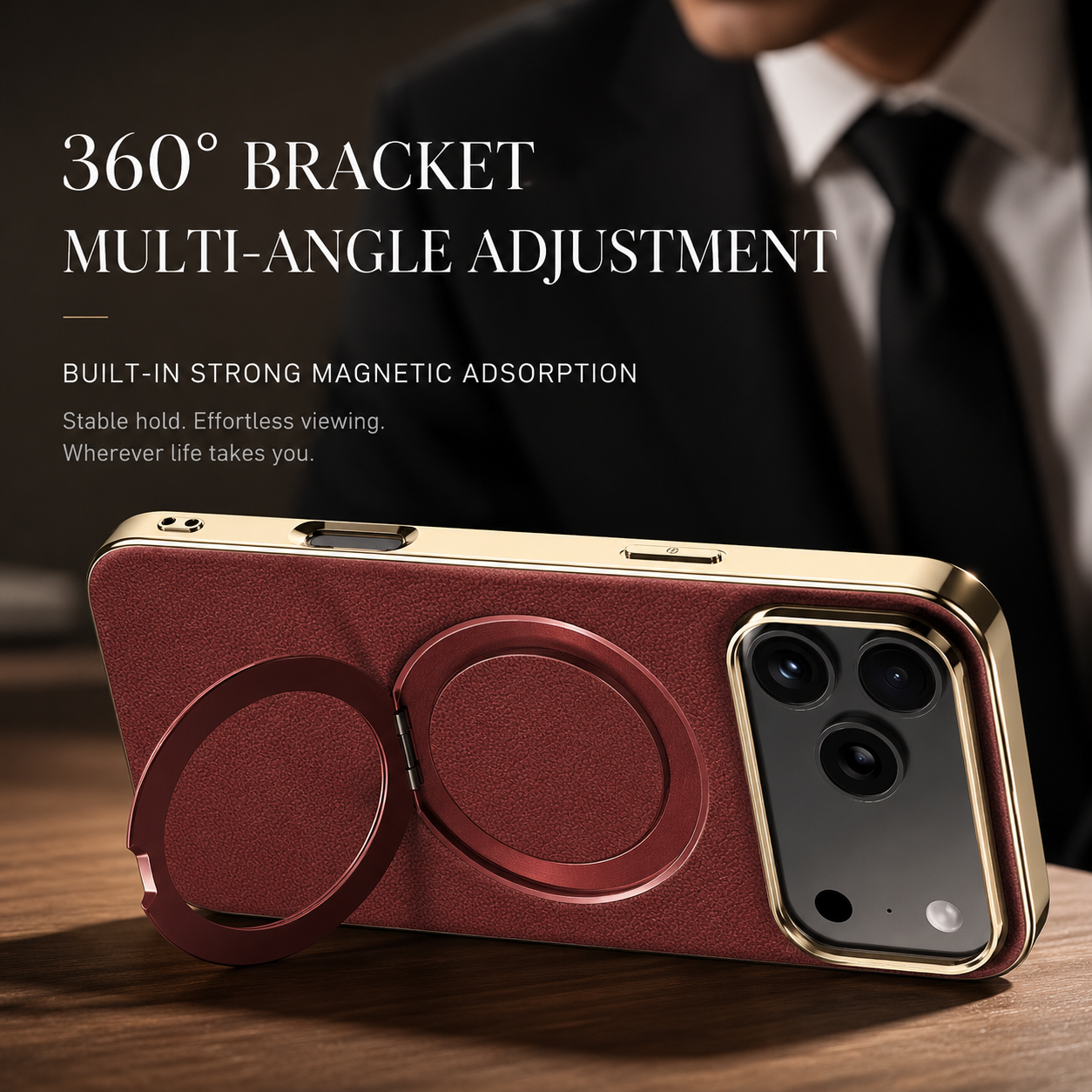 Premium iPhone Case MagSafe Compatible Camera Lens Protection Shockproof Protective Cover Genuine Cowhide Leather Ring Stand Design