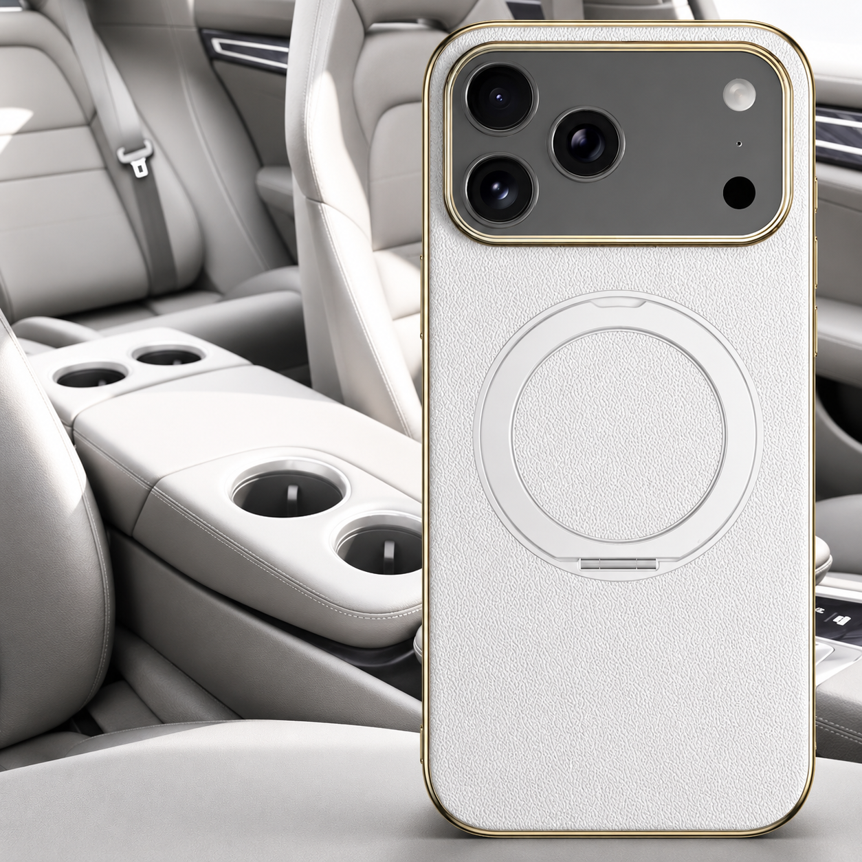 Premium iPhone Case MagSafe Compatible Camera Lens Protection Shockproof Protective Cover Genuine Cowhide Leather Ring Stand Design