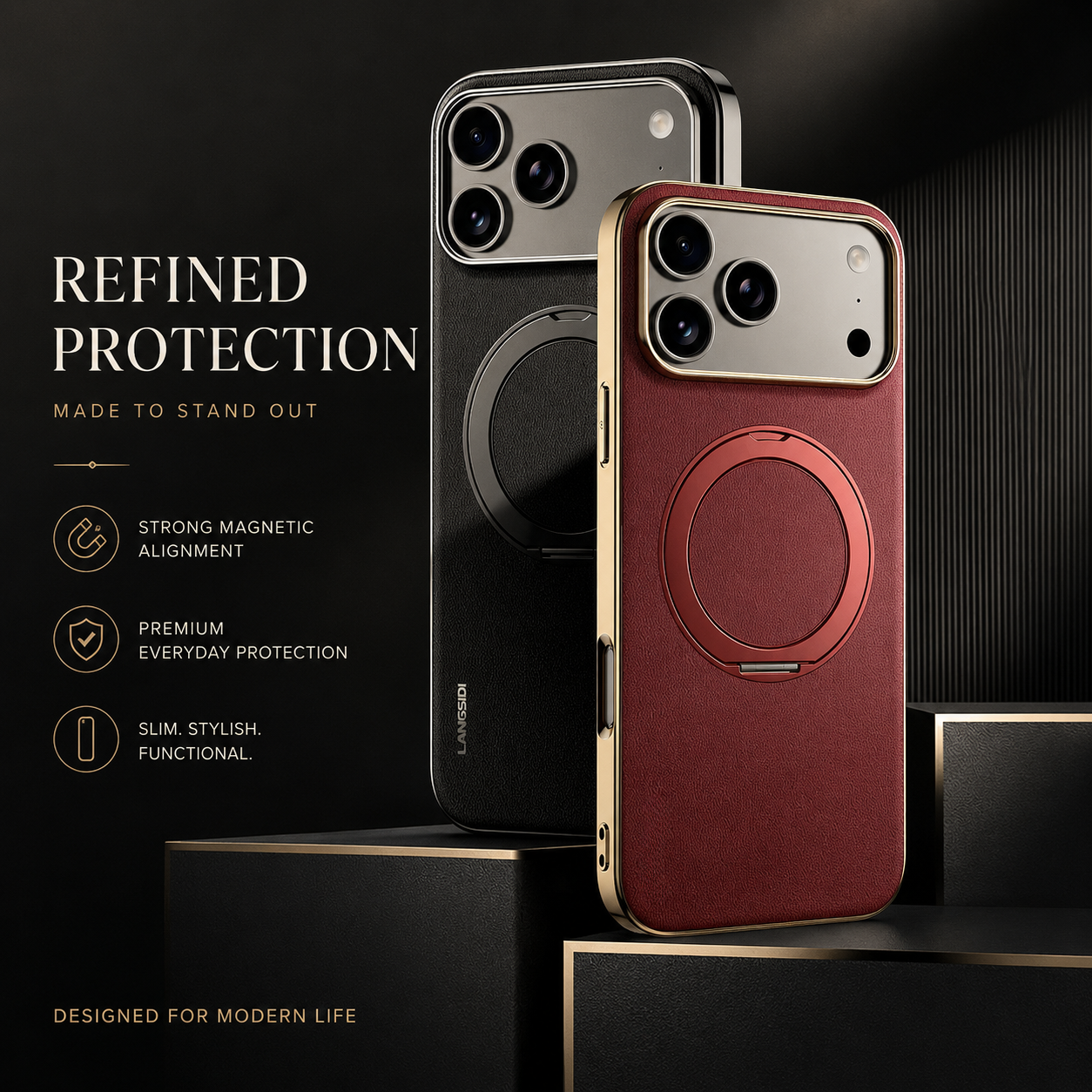 Premium iPhone Case MagSafe Compatible Camera Lens Protection Shockproof Protective Cover Genuine Cowhide Leather Ring Stand Design