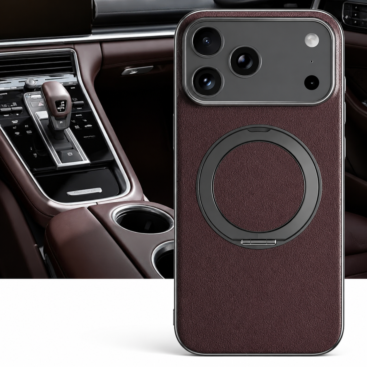 Premium iPhone Case MagSafe Compatible Camera Lens Protection Shockproof Protective Cover Leather Back Magnetic Ring Holder Full Coverage Design