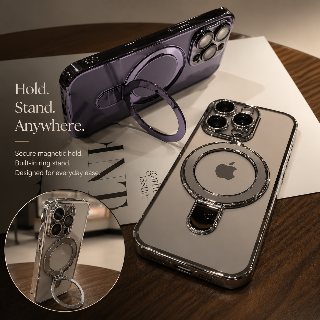 Premium iPhone Case MagSafe Compatible Camera Lens Protection Shockproof Protective Cover Magnetic Stand Anti Fingerprint Clear Acrylic Design