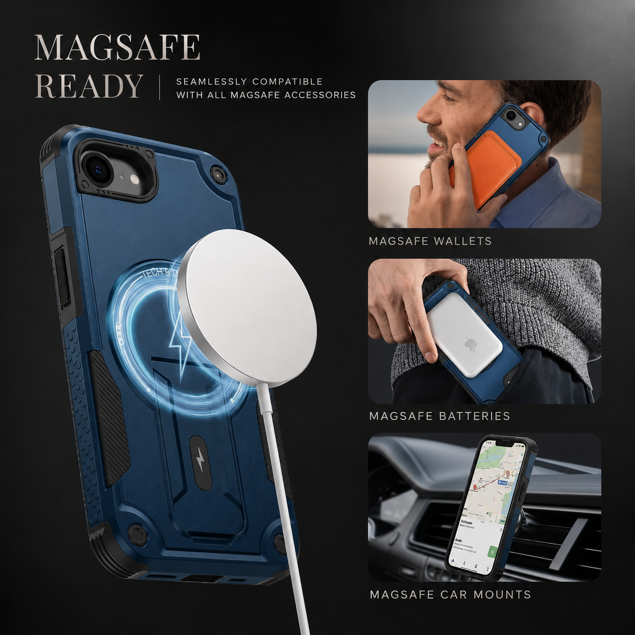 Premium iPhone Case MagSafe Compatible Camera Lens Protection Shockproof Protective Cover Magnetic Stand PC TPU Armor Anti Slip Design