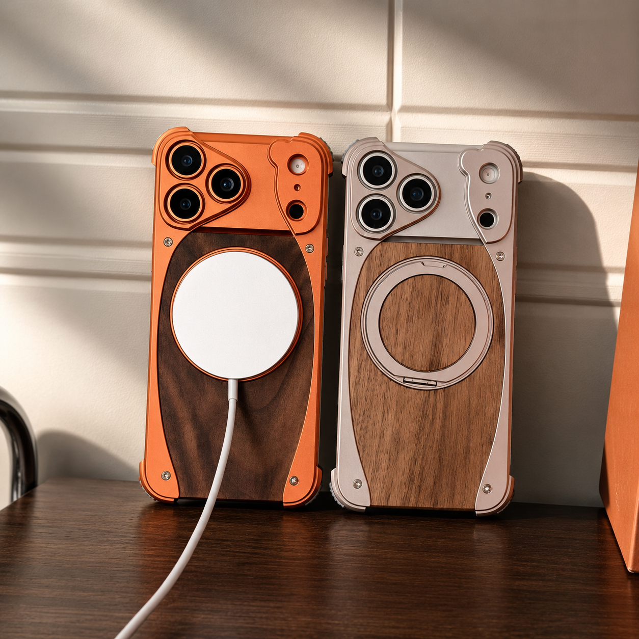 Premium iPhone Case MagSafe Compatible Camera Lens Protection Shockproof Protective Cover Walnut Wood Aluminum Frame Magnetic Stand Design