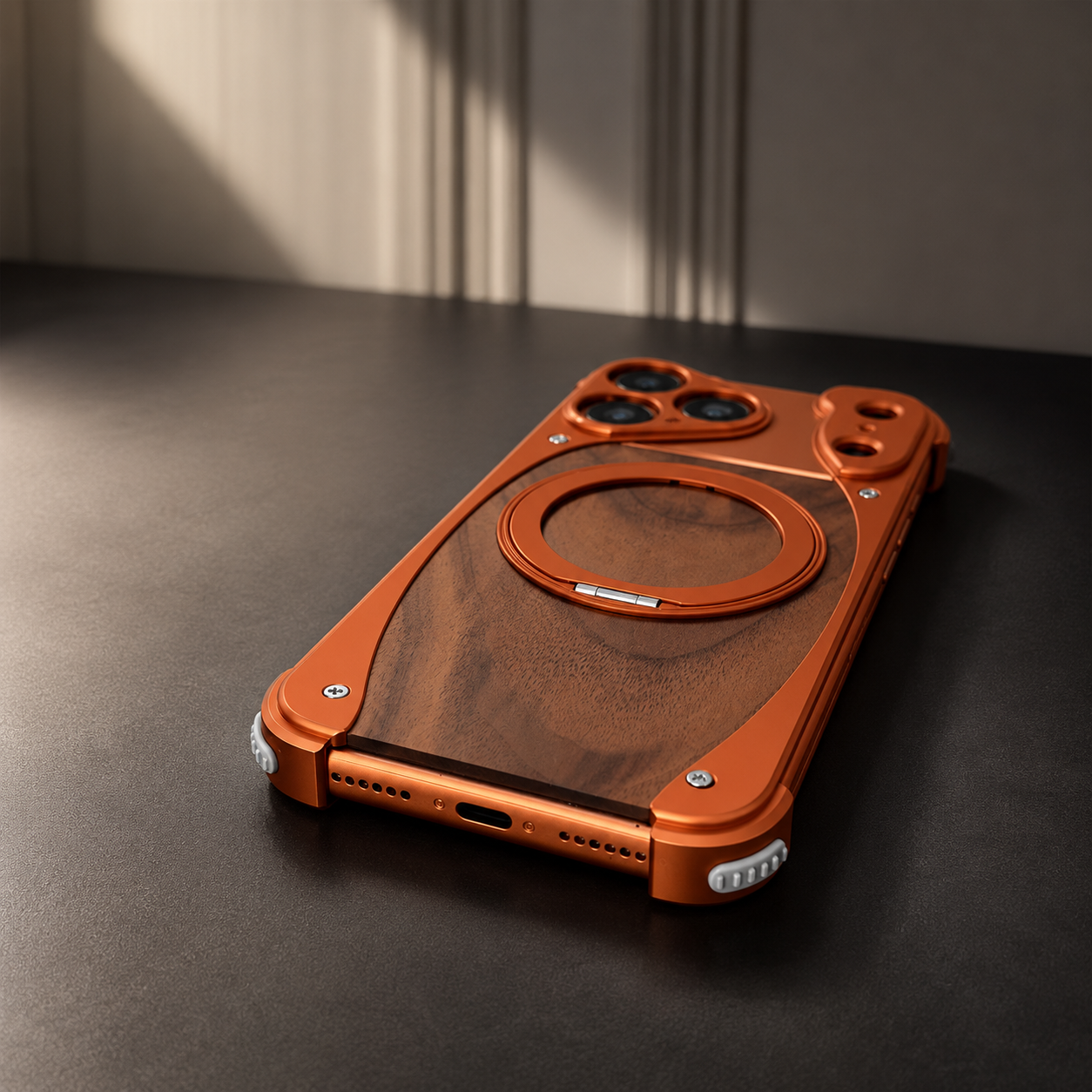 Premium iPhone Case MagSafe Compatible Camera Lens Protection Shockproof Protective Cover Walnut Wood Aluminum Frame Magnetic Stand Design