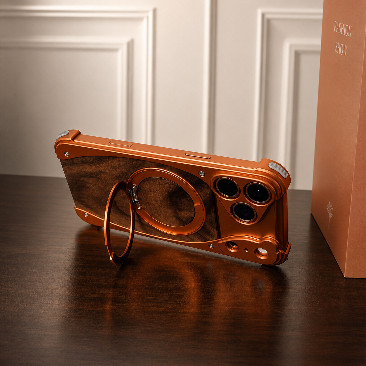 Premium iPhone Case MagSafe Compatible Camera Lens Protection Shockproof Protective Cover Walnut Wood Aluminum Frame Magnetic Stand Design