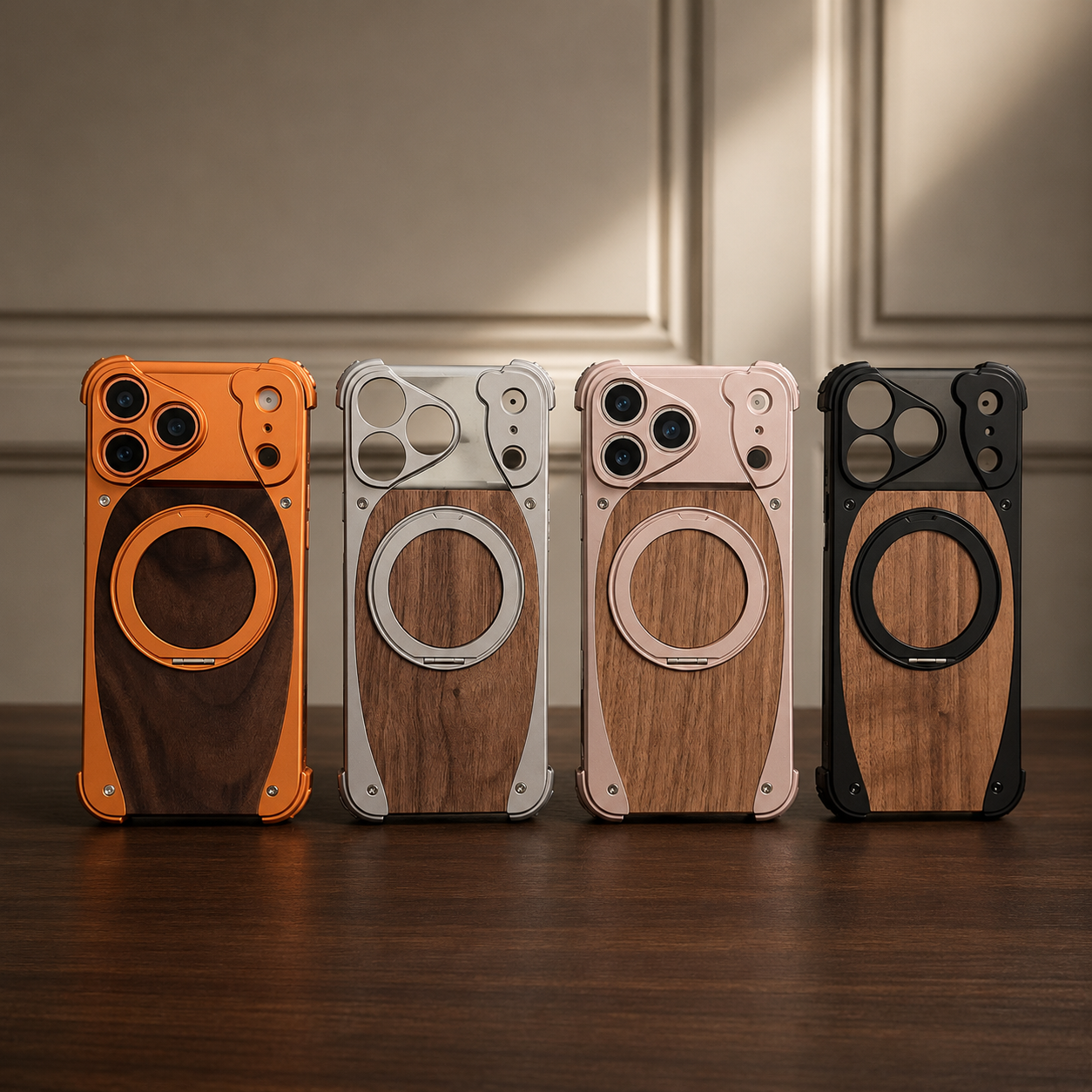 Premium iPhone Case MagSafe Compatible Camera Lens Protection Shockproof Protective Cover Walnut Wood Aluminum Frame Magnetic Stand Design