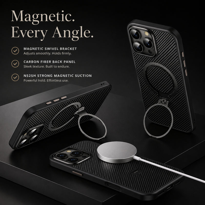 Premium iPhone Case MagSafe Compatible Carbon-Fiber Aramid Style Cover with 360° Ring Stand, Shockproof Airbag Corners and Magnetic Mount Support