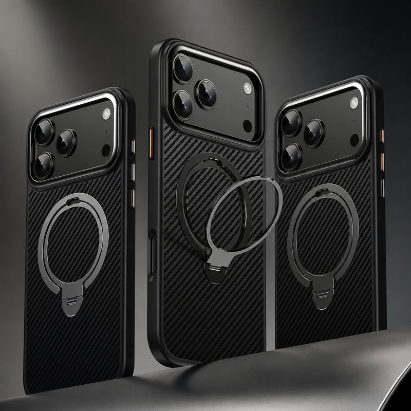 Premium iPhone Case MagSafe Compatible Carbon-Fiber Aramid Style Cover with 360° Ring Stand, Shockproof Airbag Corners and Magnetic Mount Support