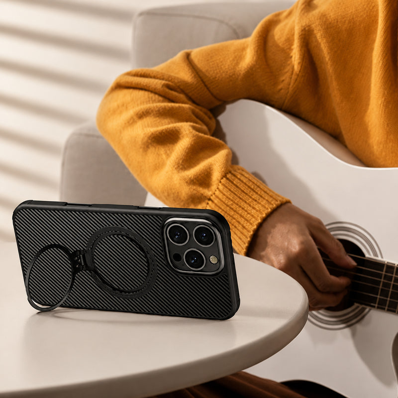 Premium iPhone Case MagSafe Compatible Carbon-Fiber Aramid Style Cover with 360° Ring Stand, Shockproof Airbag Corners and Magnetic Mount Support