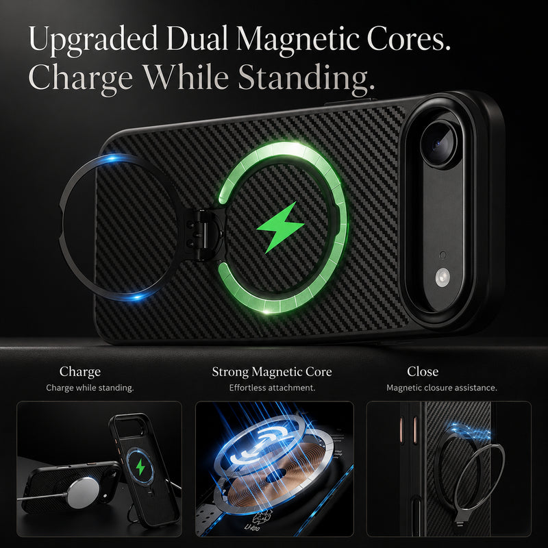 Premium iPhone Case MagSafe Compatible Carbon-Fiber Aramid Style Cover with 360° Ring Stand, Shockproof Airbag Corners and Magnetic Mount Support