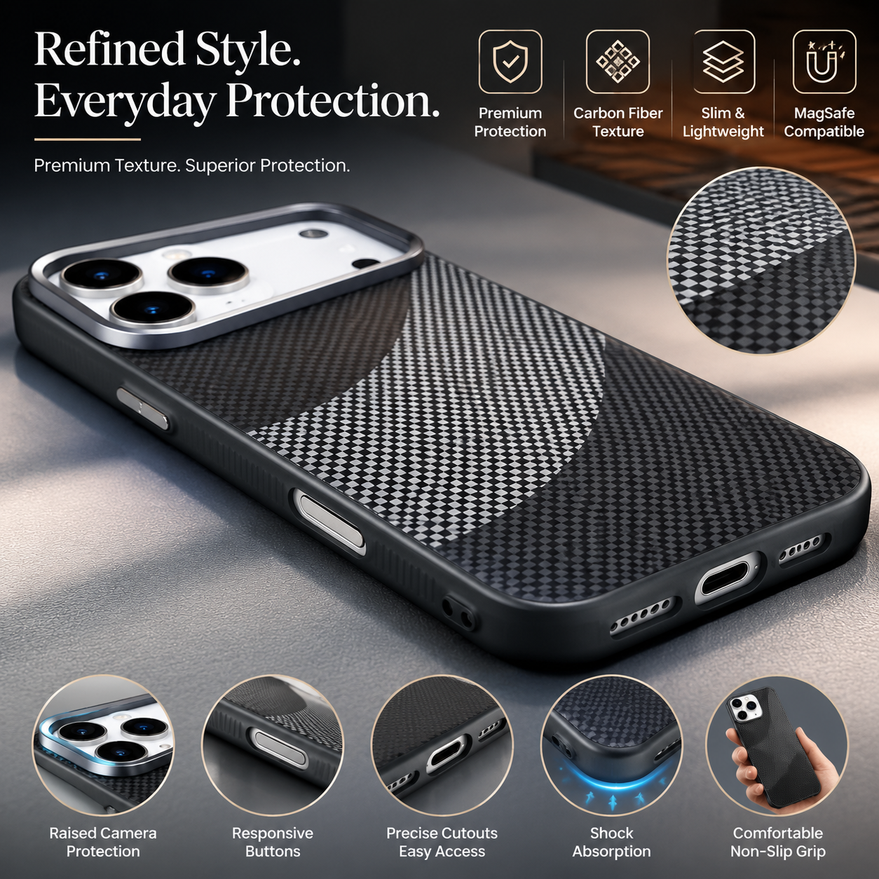 Premium iPhone Case MagSafe Compatible Carbon Fiber Armor with Alloy Lens Protection, Shockproof Non Slip Full Coverage PC Construction, Durable Design