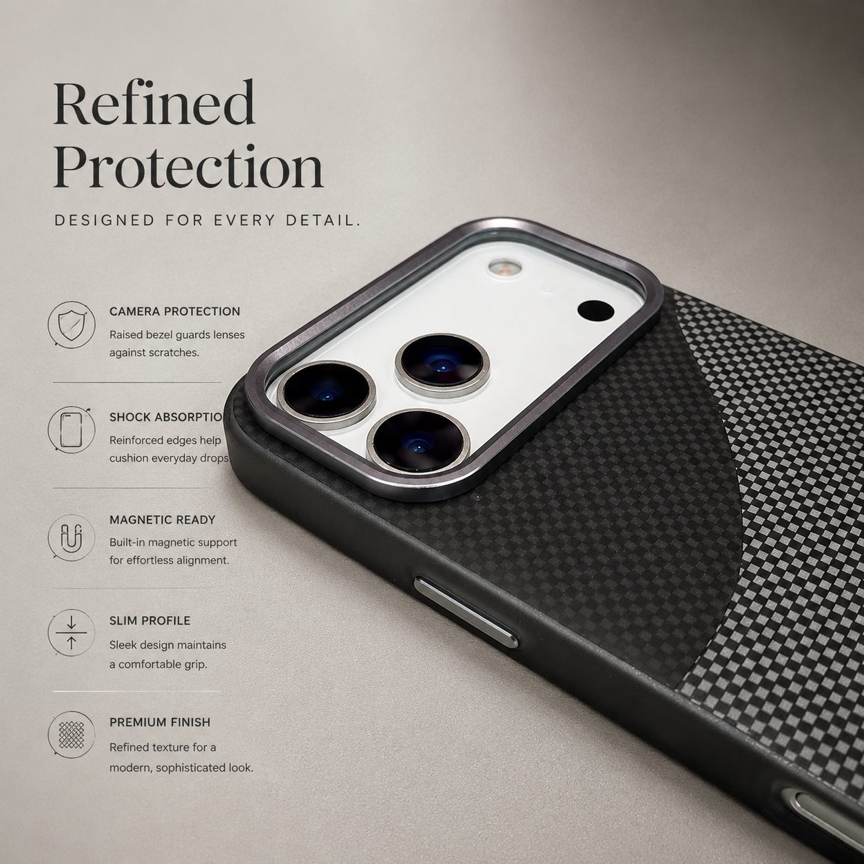 Premium iPhone Case MagSafe Compatible Carbon Fiber Armor with Alloy Lens Protection, Shockproof Non Slip Full Coverage PC Construction, Durable Design