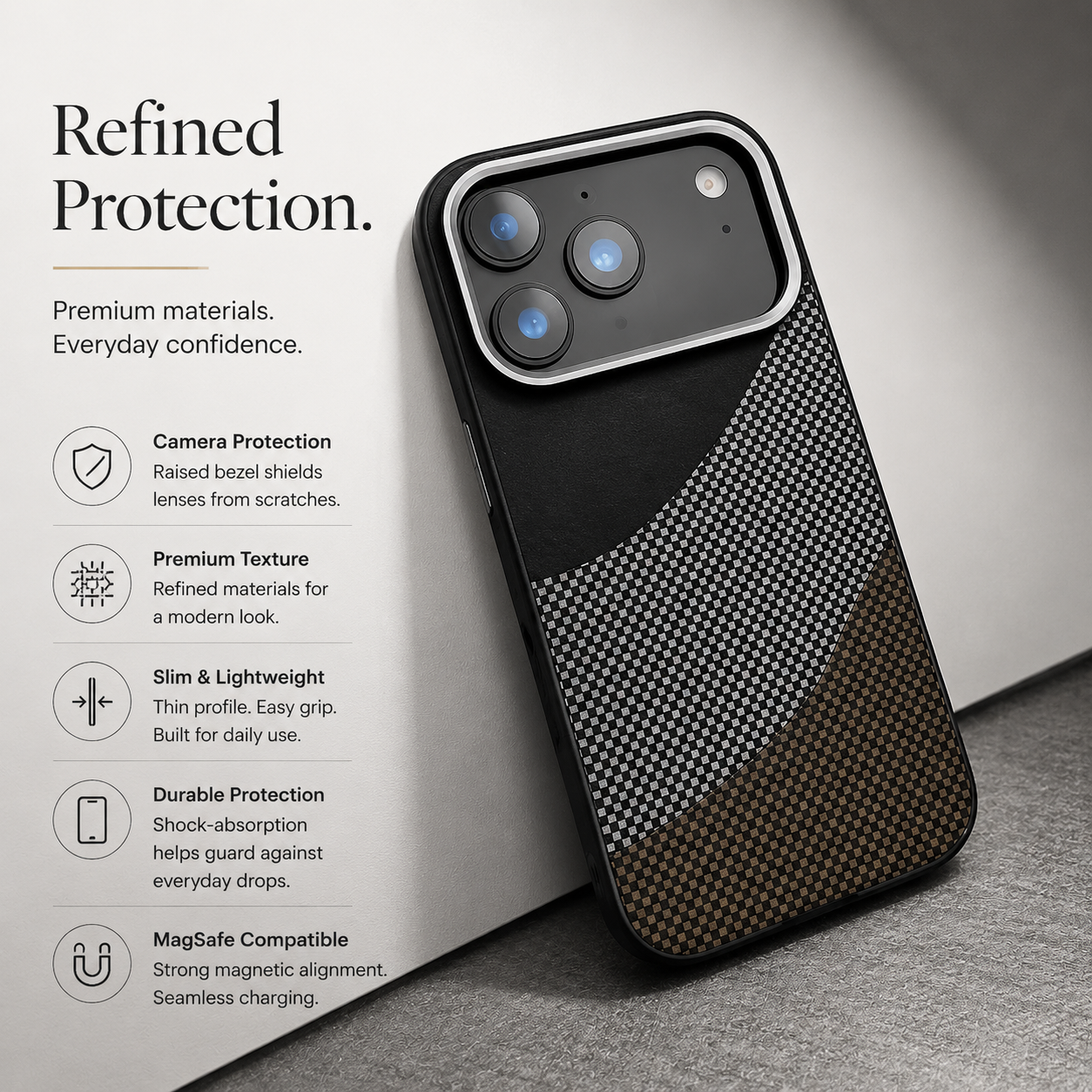 Premium iPhone Case MagSafe Compatible Carbon Fiber Armor with Alloy Lens Protection, Shockproof Non Slip Full Coverage PC Construction, Durable Design