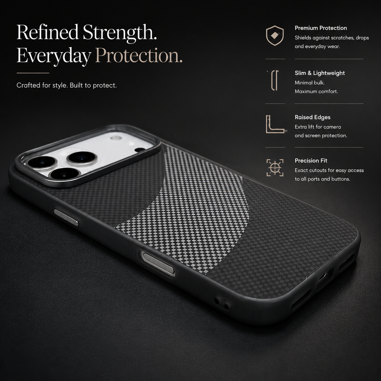 Premium iPhone Case MagSafe Compatible Carbon Fiber Armor with Alloy Lens Protection, Shockproof Non Slip Full Coverage PC Construction, Durable Design