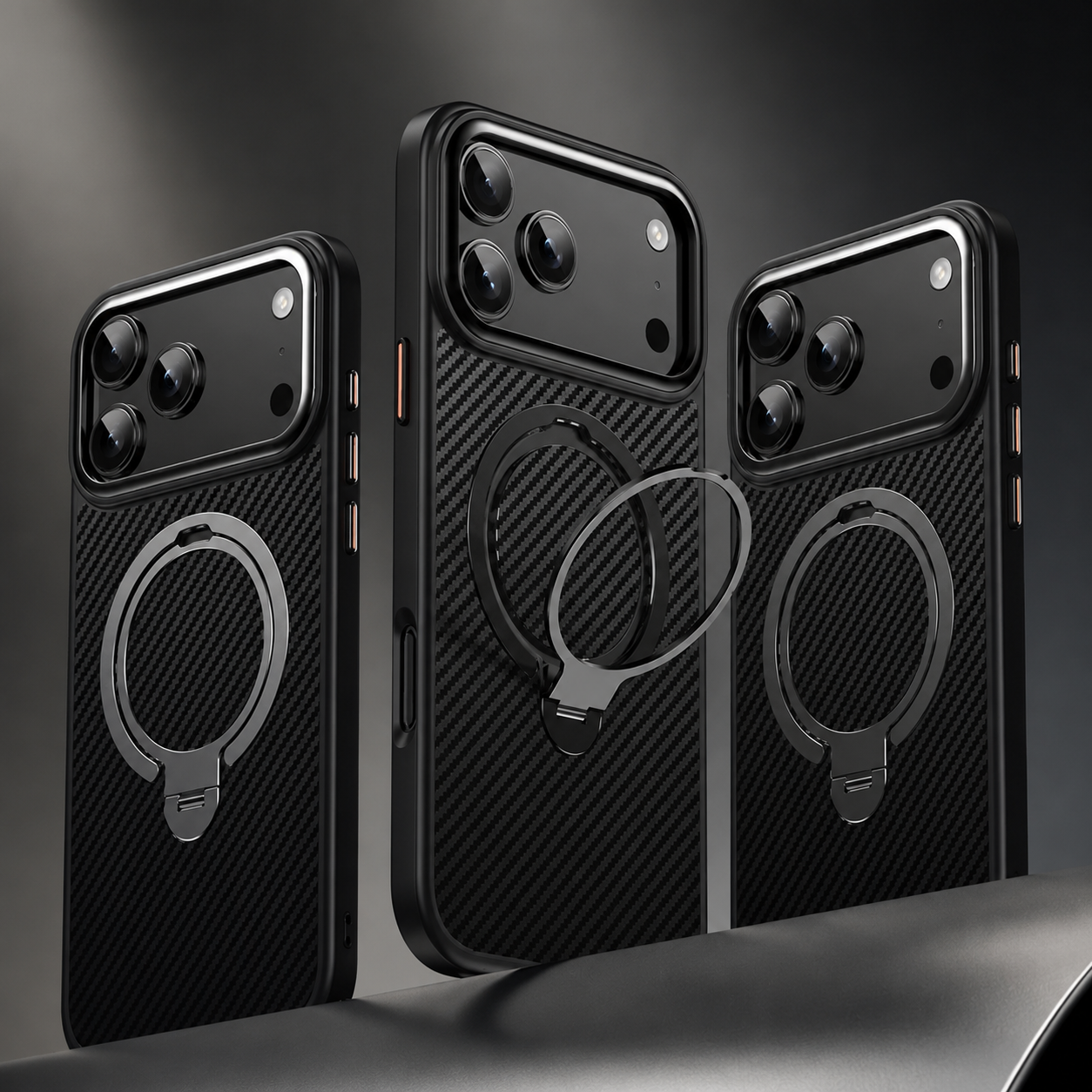 Premium iPhone Case MagSafe Compatible Carbon Fiber Cover with 360 Degree Ring Stand, Shockproof Airbag Protection, Camera Lens Protection and Secure Grip