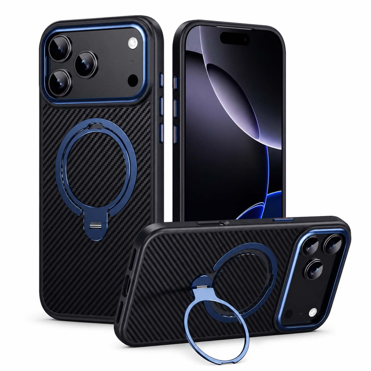 Premium iPhone Case MagSafe Compatible Carbon Fiber Cover with 360 Degree Ring Stand, Shockproof Airbag Protection, Camera Lens Protection and Secure Grip