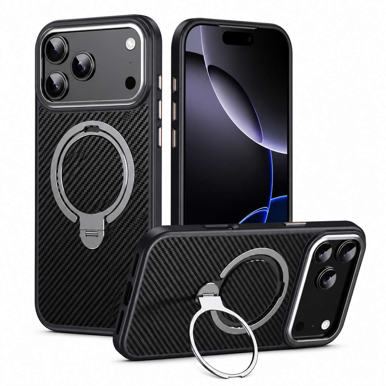 Premium iPhone Case MagSafe Compatible Carbon Fiber Cover with 360 Degree Ring Stand, Shockproof Airbag Protection, Camera Lens Protection and Secure Grip