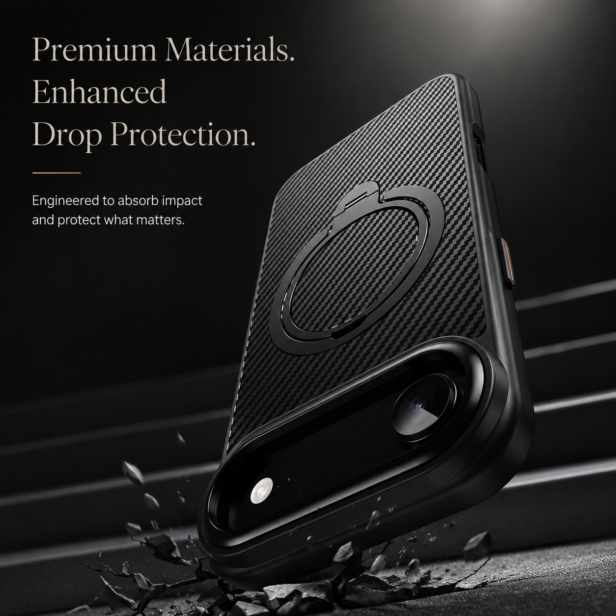 Premium iPhone Case MagSafe Compatible Carbon Fiber Cover with 360 Degree Ring Stand, Shockproof Airbag Protection, Camera Lens Protection and Secure Grip
