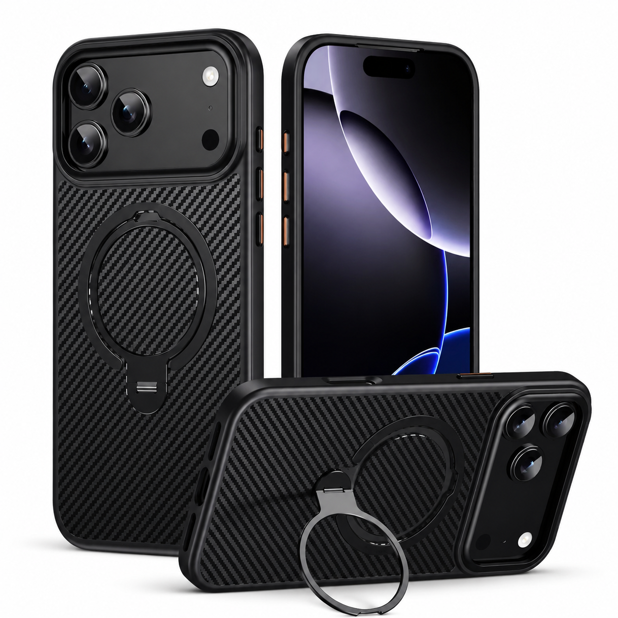 Premium iPhone Case MagSafe Compatible Carbon Fiber Cover with 360 Degree Ring Stand, Shockproof Airbag Protection, Camera Lens Protection and Secure Grip