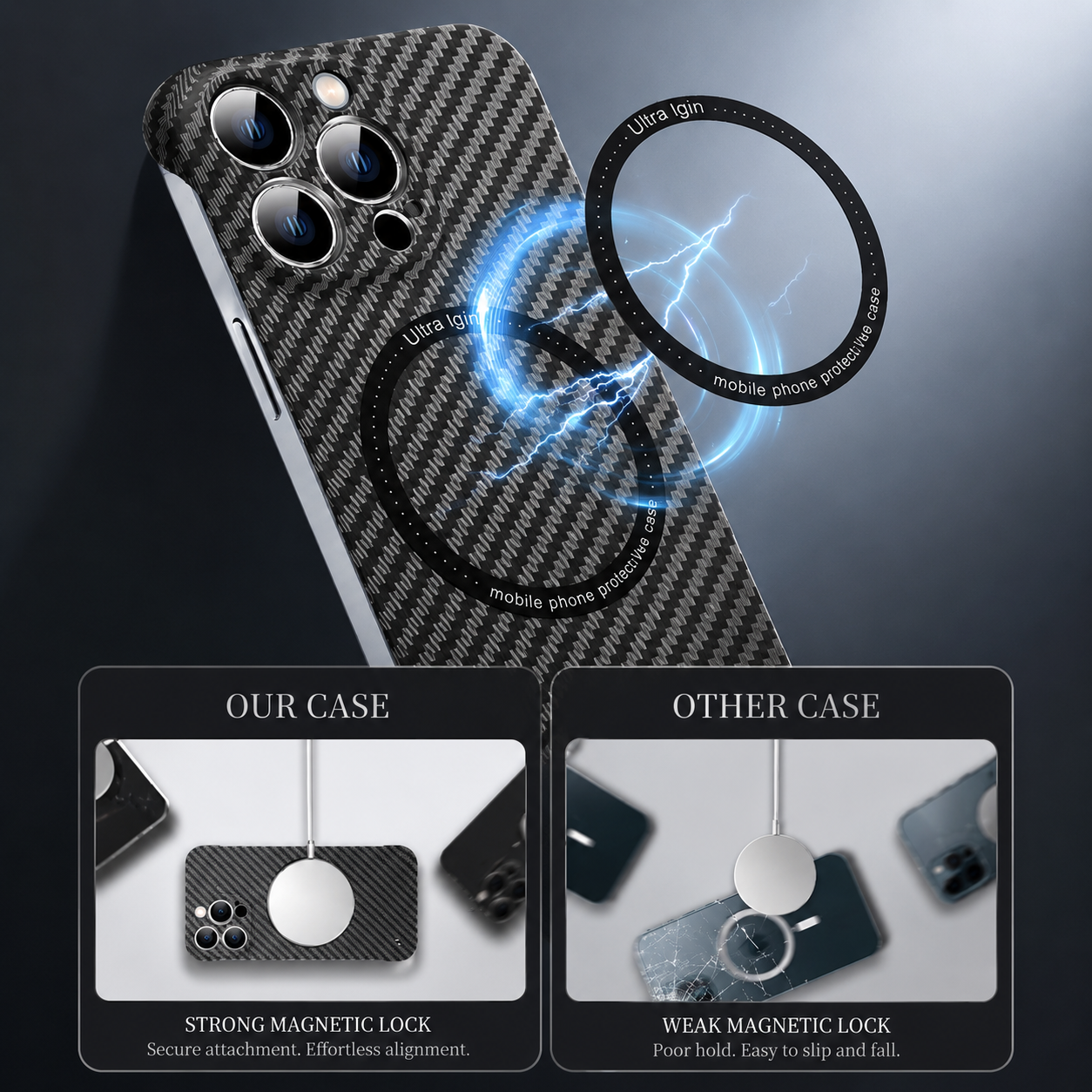 Premium iPhone Case MagSafe Compatible Carbon Fiber Magnetic Protective Cover Camera Lens Protection Shockproof Slim Lightweight Design