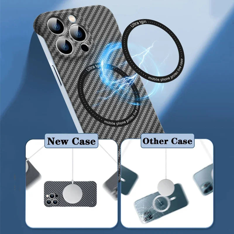 Premium iPhone Case MagSafe Compatible Carbon Fiber Magnetic Protective Cover Camera Lens Protection Shockproof Slim Lightweight Design