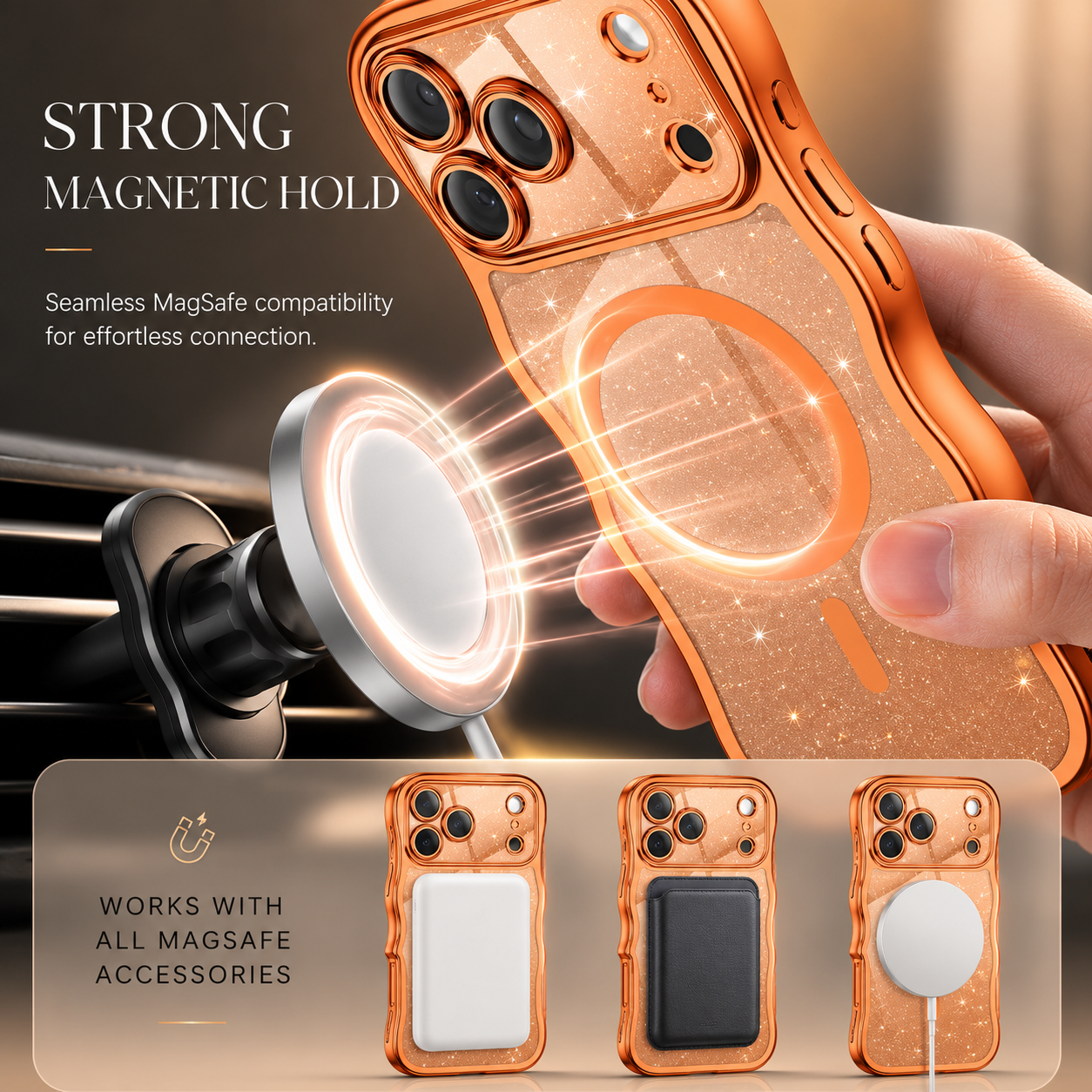 Premium iPhone Case MagSafe Compatible Clear Glitter Cover with Plated Wavy Frame, Camera Lens Protection, Secure Grip and Scratch Resistant Design