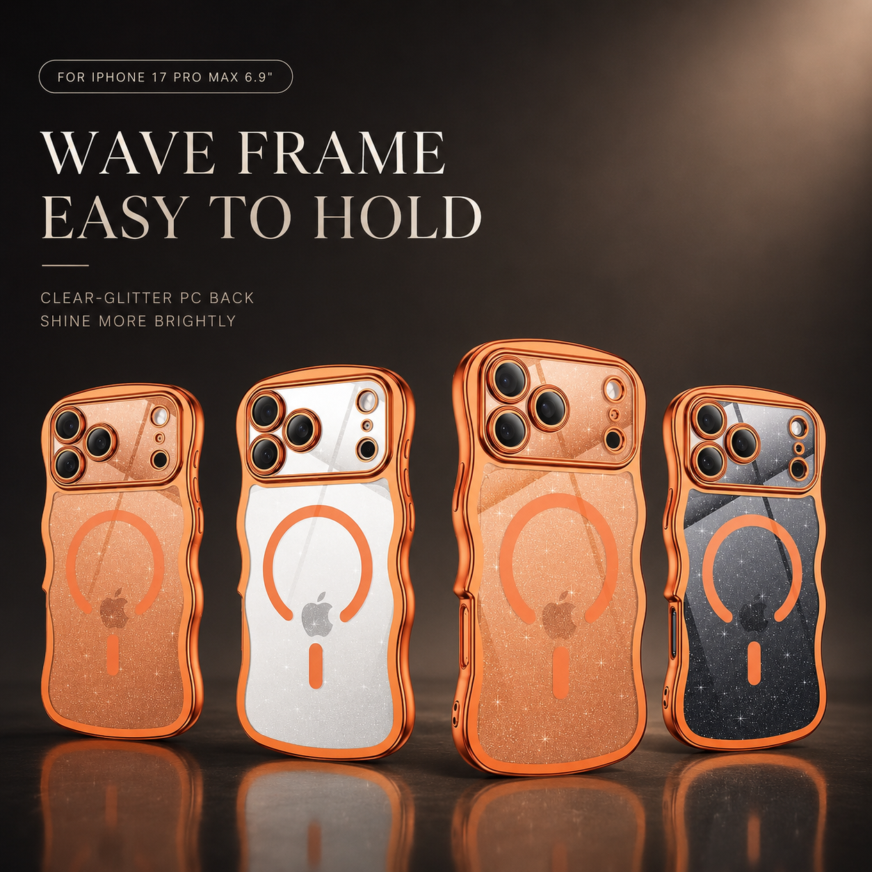 Premium iPhone Case MagSafe Compatible Clear Glitter Design with Camera Lens Protection, Plated Wavy Frame, Anti Fingerprint Non Slip Finish