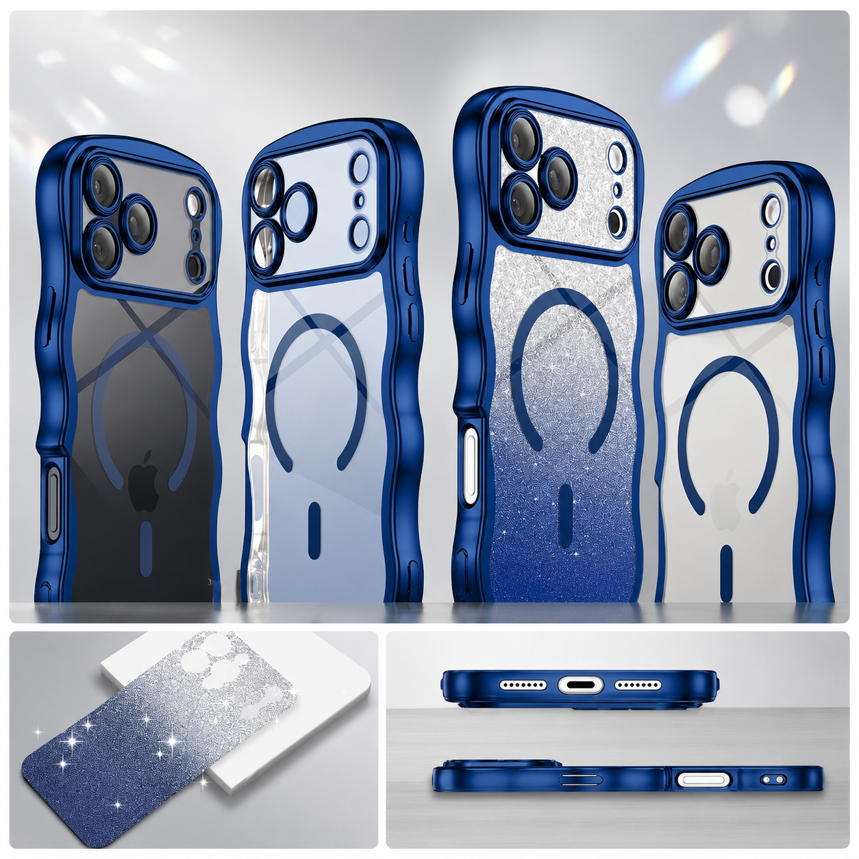 Premium iPhone Case MagSafe Compatible Clear Protective Cover Camera Lens Guard Wave Frame Anti Scratch Non Slip Grip DIY Glitter Style Design
