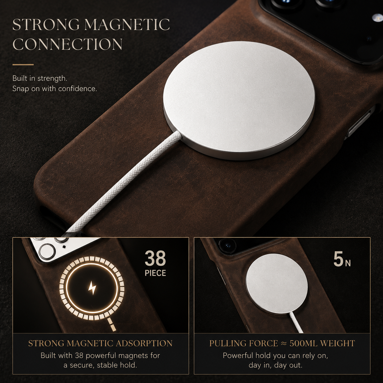 Premium iPhone Case MagSafe Compatible Genuine Cowhide Leather Cover Camera Lens Protection Shockproof Full Back Protective Design Retro Magnetic Style
