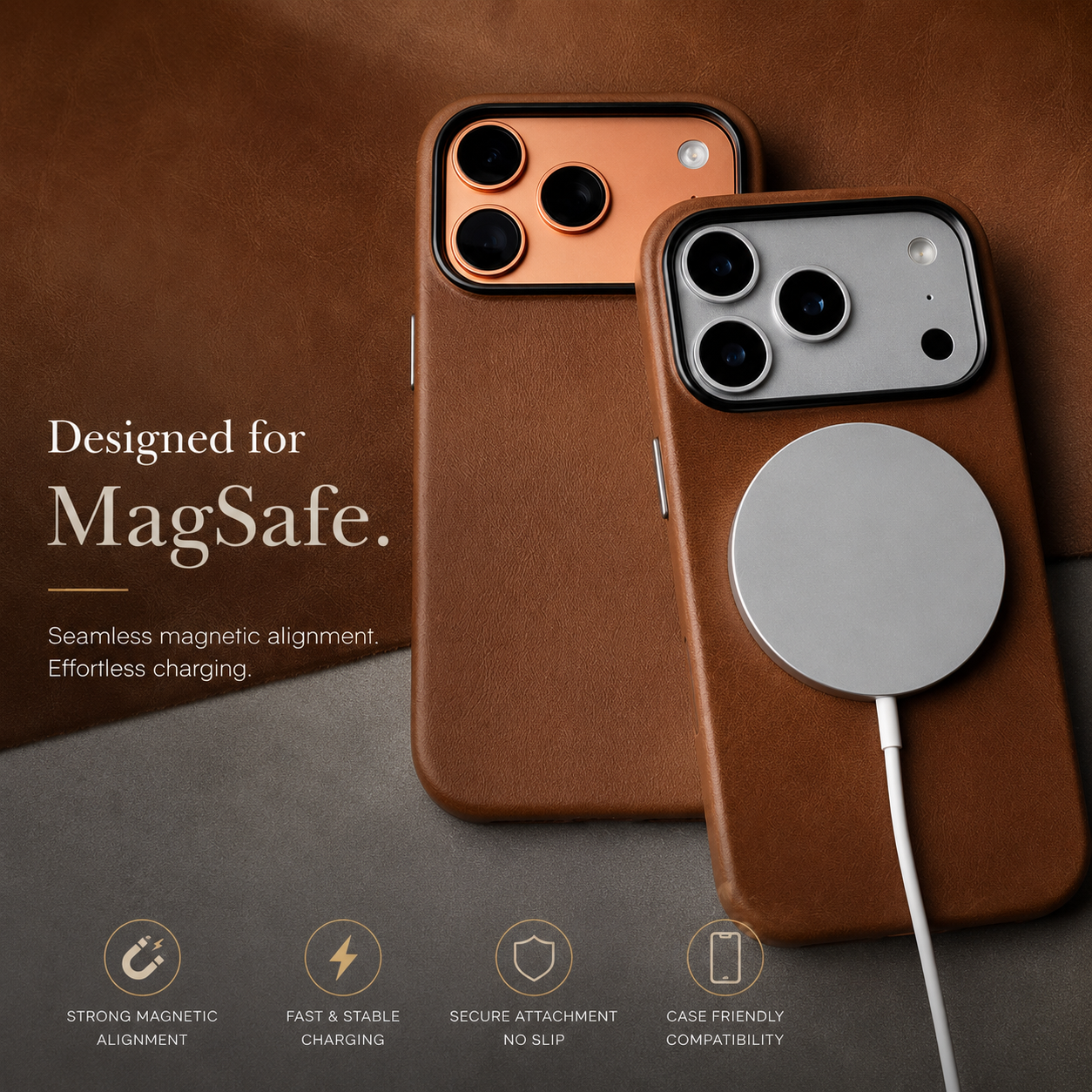 Premium iPhone Case MagSafe Compatible Genuine Cowhide Leather Cover with Camera Lens Protection, Full Body Protective Design and Anti Fingerprint Finish